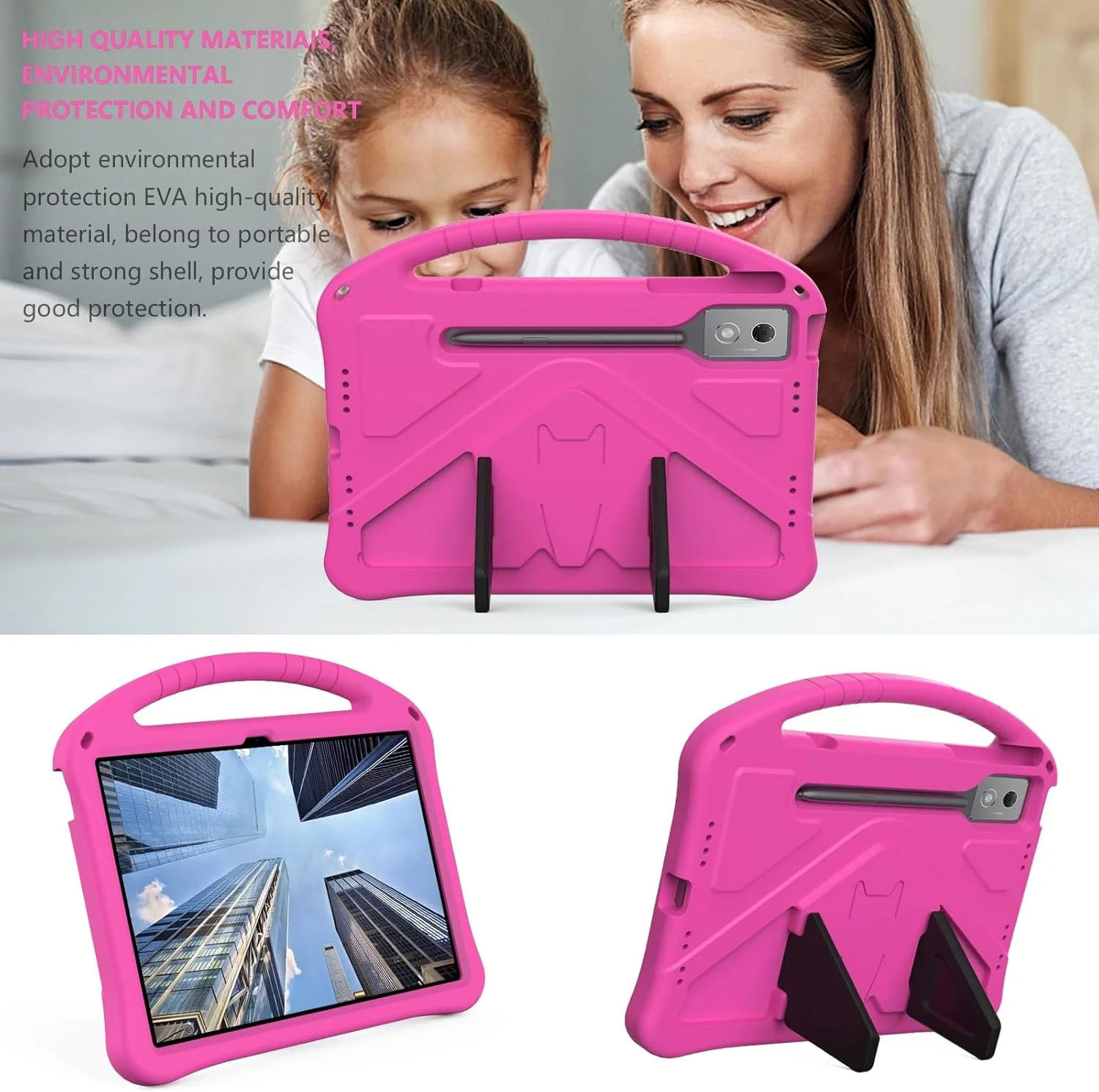کیف تبلت Gruattreay برای Lenovo Idea Tab Pro 12.7 اینچ 2025 TB373FU، [مناسب کودکان] بادوام سبک وزن EVA ضد ضربه با دسته و پایه محافظ و بند شانه (قرمز گل رز)
