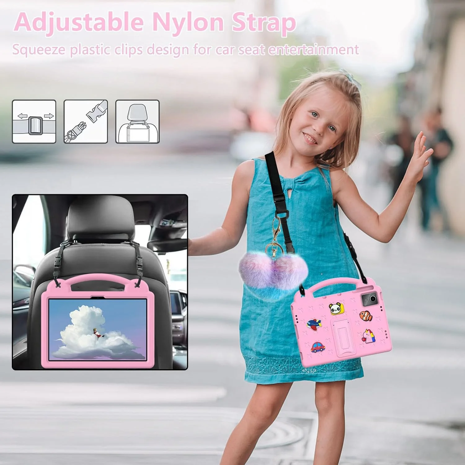 کیف تبلت کودکانه Gruattreay سازگار با تبلت 11 اینچی Lenovo Tab M11، کاور کارتونی EVA ضد ضربه با بند شانه و پایه (صورتی)