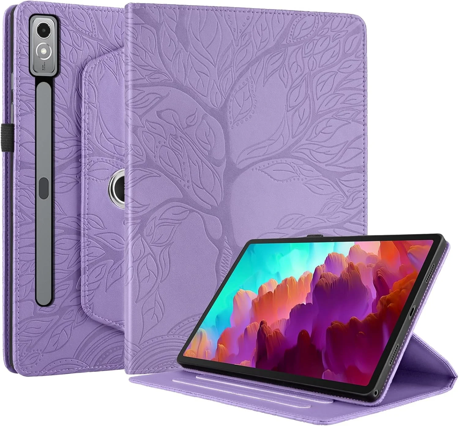 کاور گروتری سازگار با تبلت لنوو تب P12 / لنوو Xiaoxin Pad Pro 12.7 اینچی، کاور تبلت با قابلیت چرخش 360 درجه، پایه تاشو، قاب برجسته طرح درخت زندگی (بنفش)