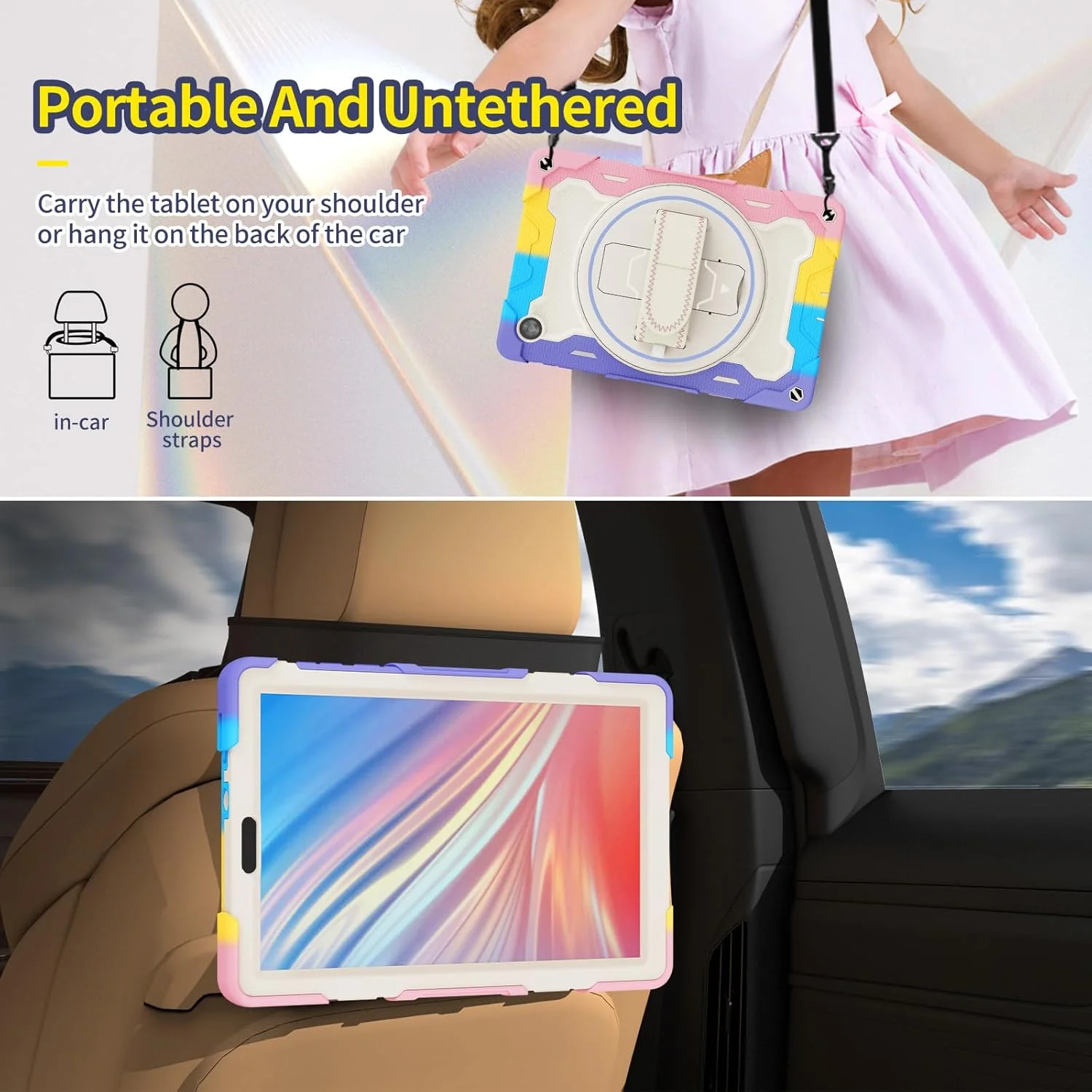 کیف تبلت nincyee برای Lenovo Tab M10 Hd نسل دوم X306، کیف سیلیکونی رنگین کمانی مقاوم در برابر ضربه برای کودکان با نگهدارنده مداد، بند شانه، پایه تاشو چرخشی، بند دستی کیف تبلت nincyee برای Lenovo Tab M10 Hd نسل دوم X306، کیف سیلیکونی رنگین کمانی مقاوم در برابر ضربه برای کودکان با نگهدارنده مداد، بند شانه، پایه تاشو چرخشی، بند دستی