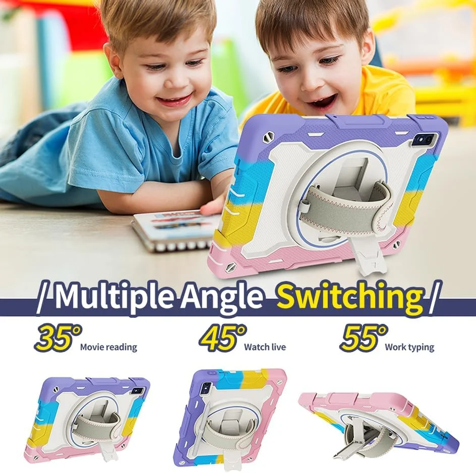 کیف تبلت nincyee برای Lenovo Tab M10 5G 10.61 اینچ 2023، کیف سیلیکونی رنگین کمانی مقاوم در برابر ضربه برای کودکان با نگهدارنده مداد، بند شانه، پایه تاشو چرخان، بند دستی