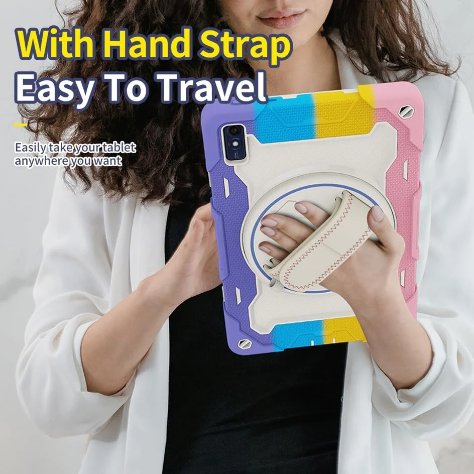 کیف تبلت Nincyee برای Lenovo Tab M10 5G 10.61 اینچ 2023، کیف سیلیکونی رنگین کمانی مقاوم در برابر ضربه برای کودکان با نگهدارنده قلم، بند شانه، پایه تاشو چرخشی، بند دستی