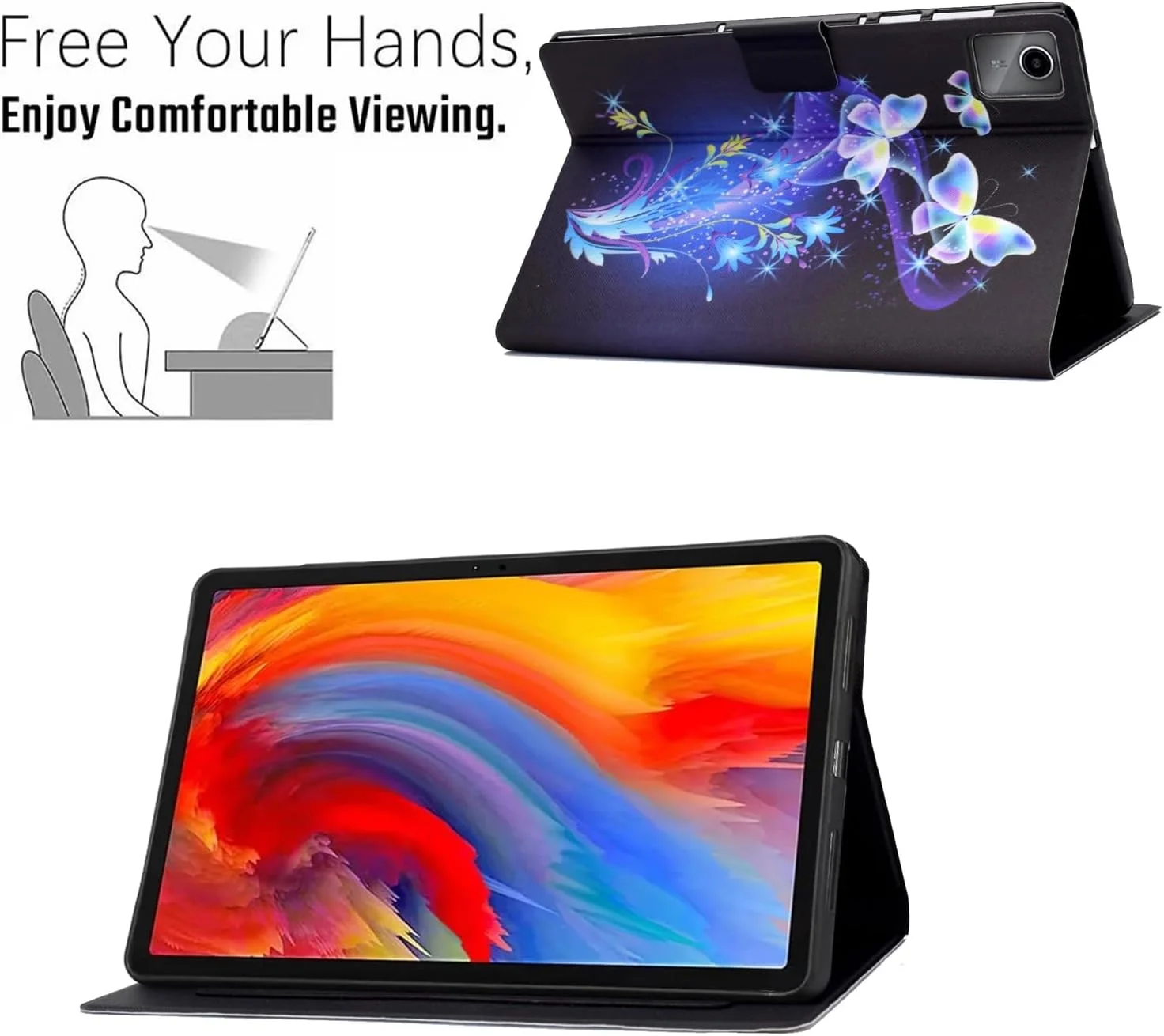 کاور کتابی ONETHEFUL برای تبلت لنوو تب M11 (11 اینچ) مدل TB330FU 2024، کاور محافظ چرمی PU با استند - طرح گل و پروانه