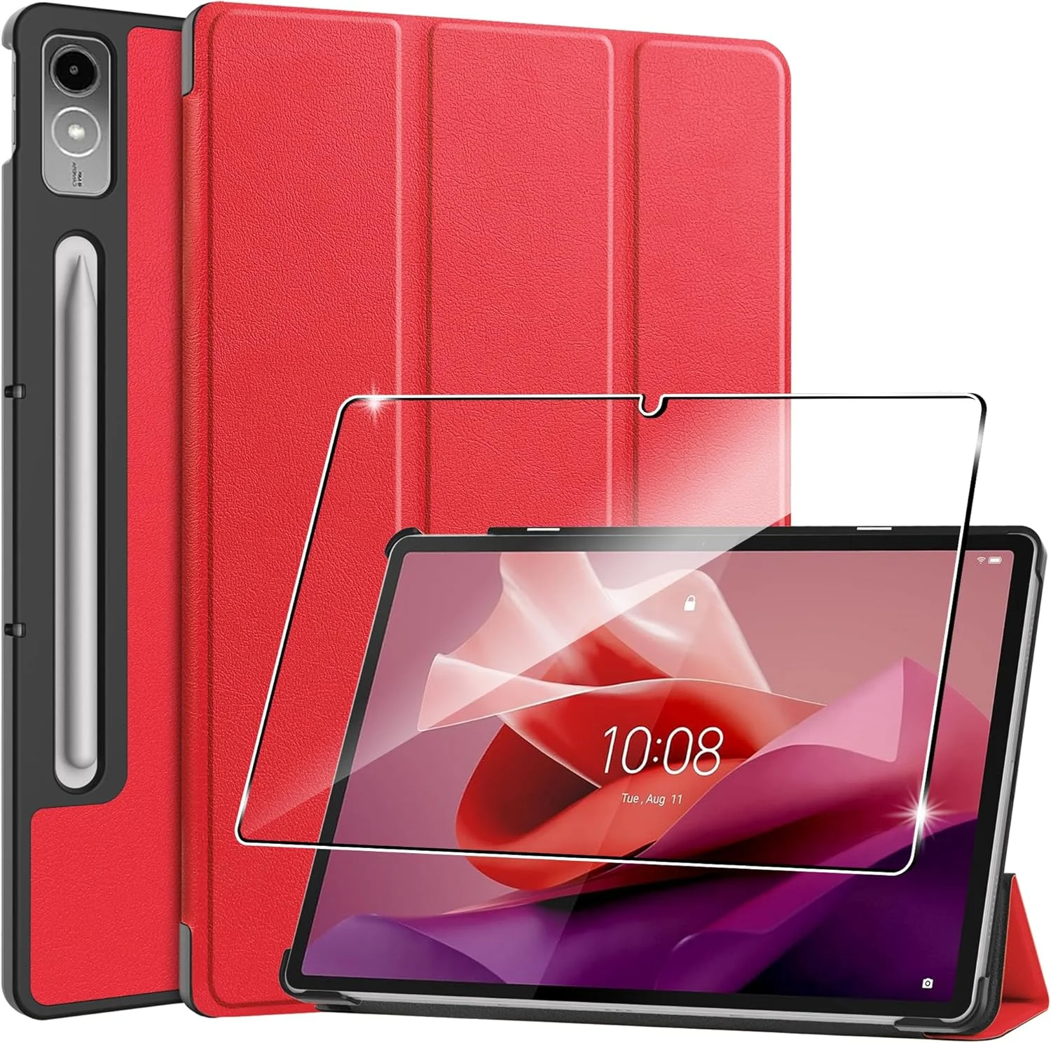 کاور تبلت روژین مناسب برای لنوو تب P12 سایز 12.7 اینچ مدل 2023 به همراه محافظ صفحه نمایش شیشه ای – قرمز