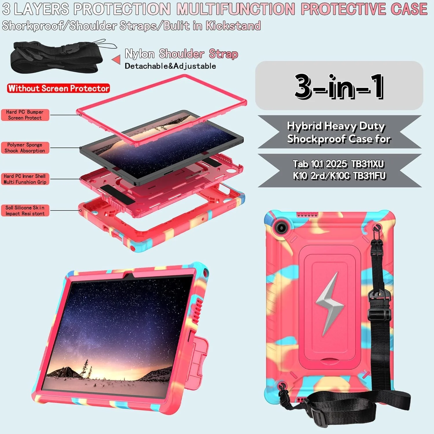 کاور کودکانه Gruattreay برای تبلت لنوو تب 10.1 اینچ 2025 (TB311FU / TB311XU)، کاور ضد ضربه سنگین هیبریدی 3 در 1 با طراحی رعد و برق پایه دار/بند شانه (رزگلد)