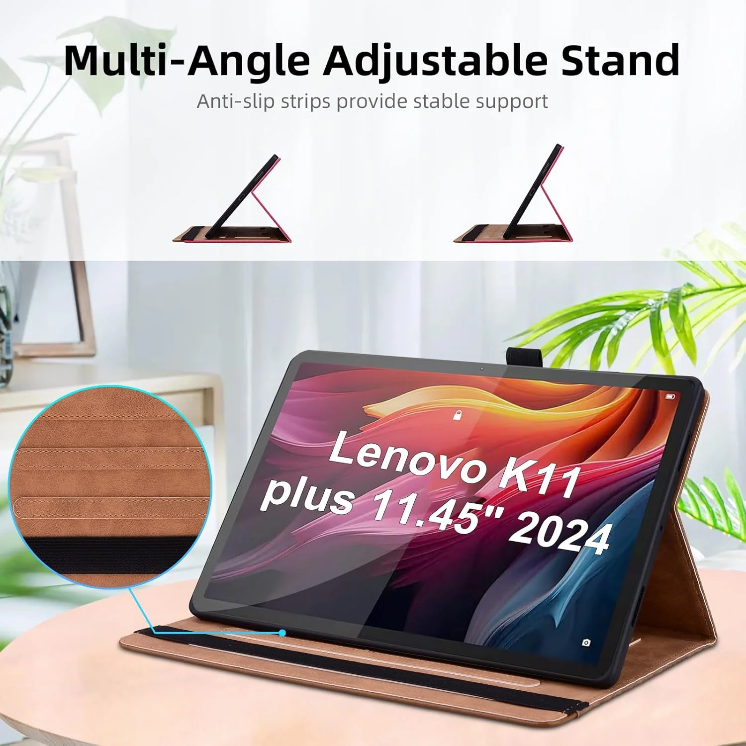 کیف تبلت Varohix برای لنوو تب K11 پلاس 11.45 اینچ (عرضه شده در سال 2024)، کیف چرمی تبلت Folio برای لنوو تب K11 پلاس با جای کارت، پایه چند زاویه - قهوه ای