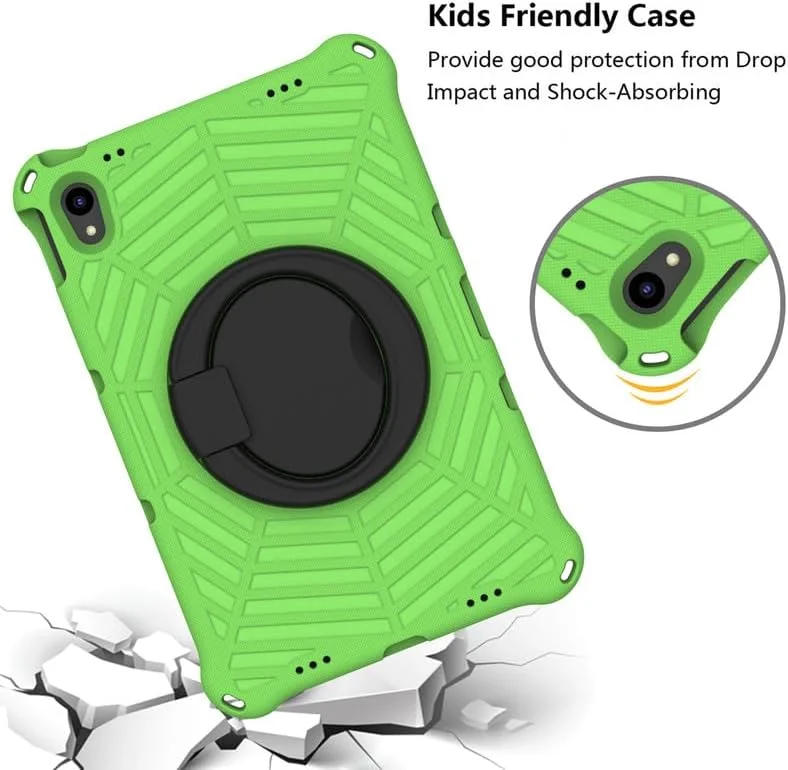 کیف تبلت کودکانه Nikaque مناسب برای Lenovo Tab M10 Plus نسل 3، 10.6 اینچی، فوم EVA با طرح تار عنکبوت، به همراه پایه حلقه ای و بند شانه ای، مناسب برای Lenovo Tab M10 Plus 3rd TB-125F/128F، سبز