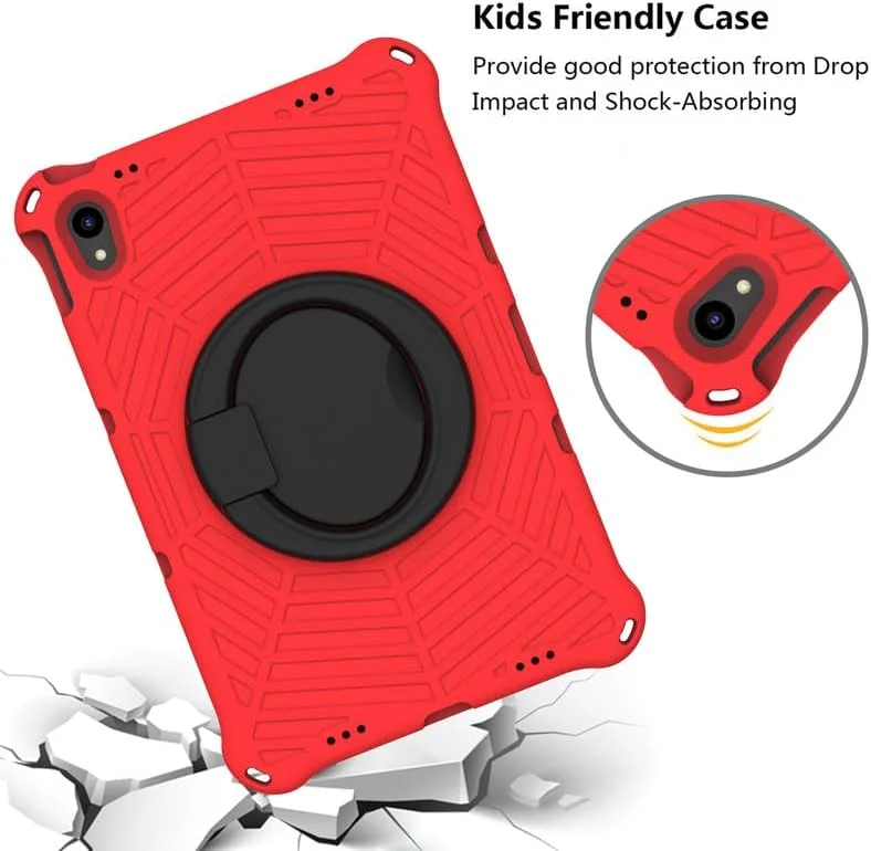 کیف تبلت کودکانه Nikaque مناسب برای لنوو تب M10 پلاس نسل 3 با صفحه نمایش 10.6 اینچی، طرح تار عنکبوت، فوم EVA، دارای استند حلقه ای و بند شانه ای، مناسب برای Lenovo Tab M10 Plus 3rd TB-125F/128F، قرمز