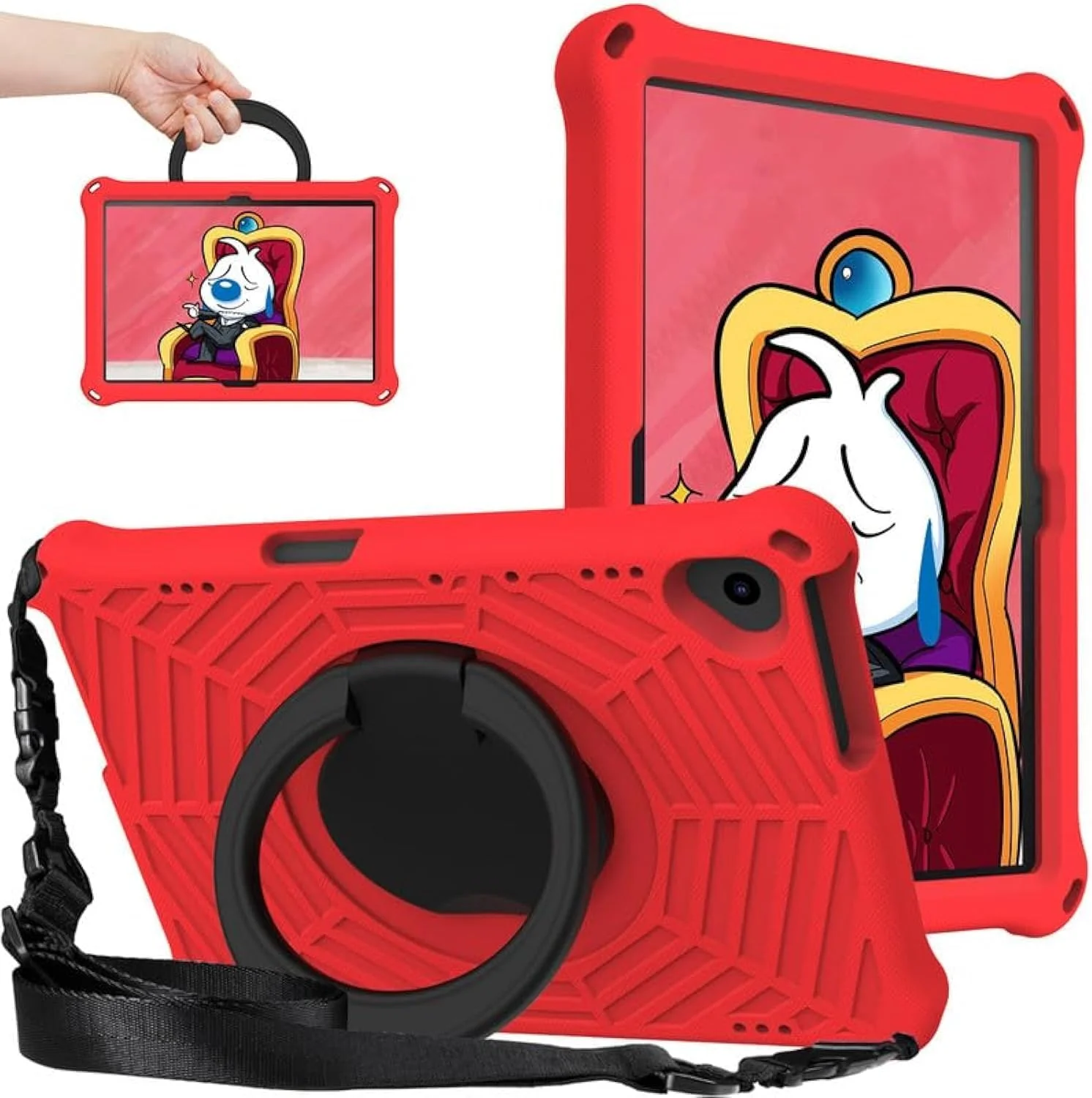 کیف محافظ کودکانه تبلت لنوو تب M10 (نسل اول) 10.1 اینچی، فوم EVA با طرح تار عنکبوت، به همراه پایه حلقه ای و بند شانه ای، مناسب برای تبلت لنوو TB-X505F/TB-X605F، قرمز