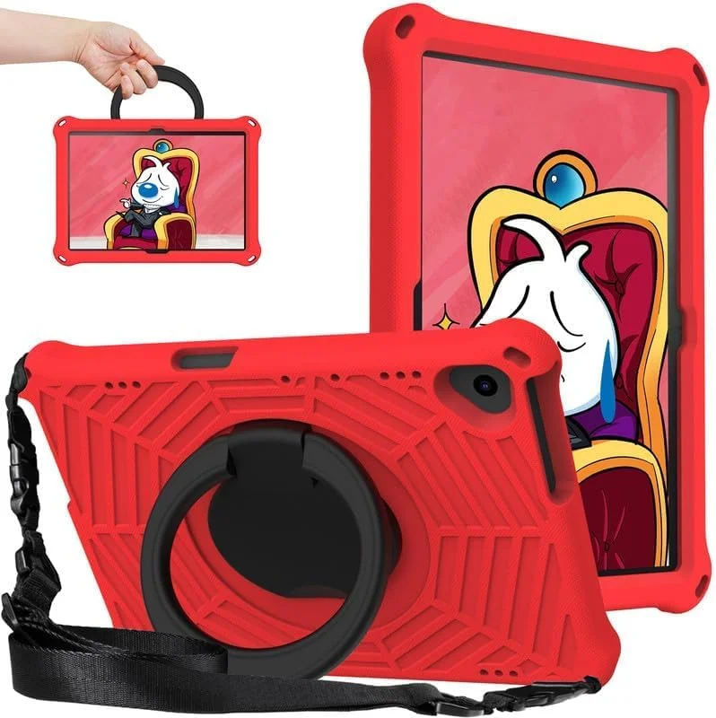 کیف محافظ کودکانه تبلت لنوو تب M10 (نسل اول) 10.1 اینچی، فوم EVA با طرح تار عنکبوت، به همراه پایه حلقه ای و بند شانه ای، مناسب برای تبلت لنوو TB-X505F/TB-X605F، قرمز