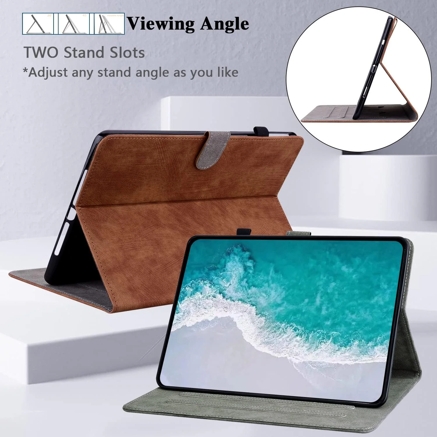 کیف محافظ تبلت لنوو تب P12 سایز 12.7 اینچ مدل 2023، کیف پول چرمی PU با قابلیت تاشو، دارای جای قلم و عملکرد استند، قهوه ای