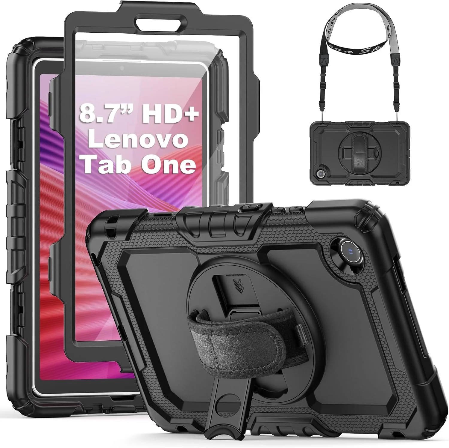 کاور محافظ تبلت SEYMCY مناسب برای تبلت لنوو تب وان / تب K9 سایز 8.7 اینچ 2025 (مدل TB305XU/ TB305FU)، ضد ضربه کامل با محافظ صفحه نمایش، دارای بند چرخشی 360 درجه و استند، بند شانه برای لنوو K9، مشکی