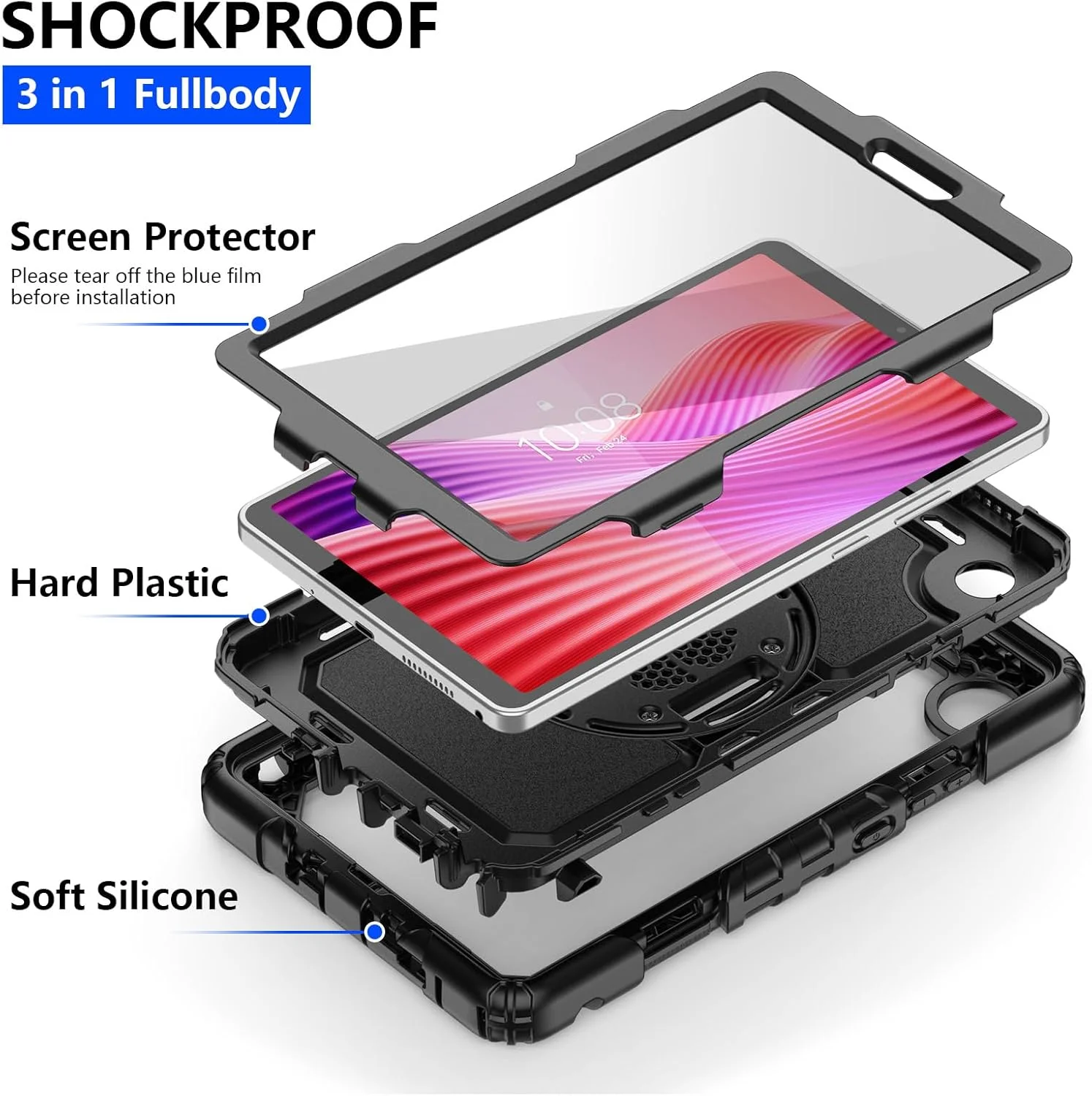 کاور محافظ تبلت SEYMCY مناسب برای تبلت لنوو تب وان / تب K9 سایز 8.7 اینچ 2025 (مدل TB305XU/ TB305FU)، ضد ضربه کامل با محافظ صفحه نمایش، دارای بند چرخشی 360 درجه و استند، بند شانه برای لنوو K9، مشکی