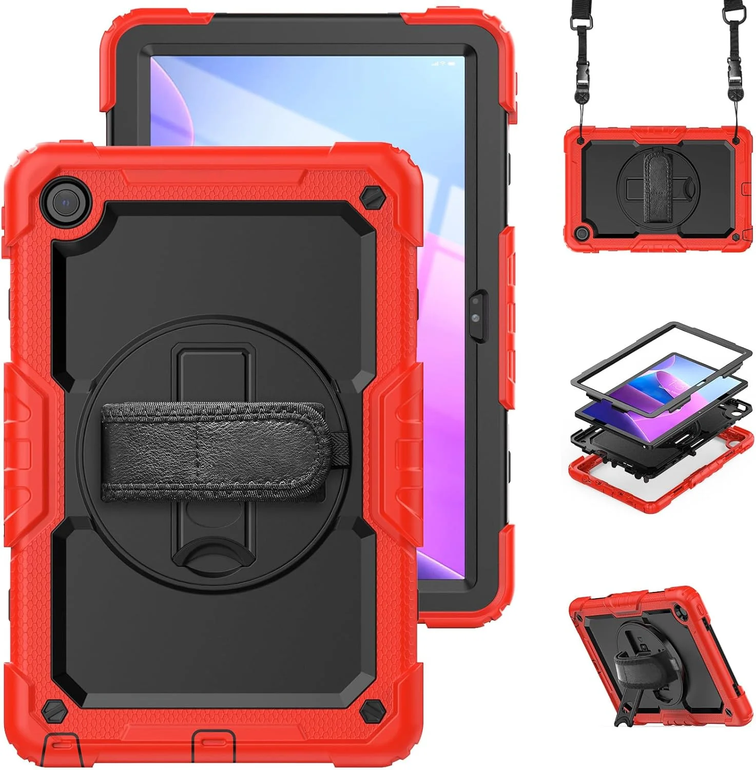 کیف محافظ تبلت QYiiD برای لنوو تب M10 پلاس نسل 3 با صفحه نمایش 10.6 اینچی، محافظ سنگین با بند چرخشی دستی و بند شانه ای برای تبلت M10 پلاس (TB-125FU TB-128FU TB-128XU)، قرمز/مشکی
