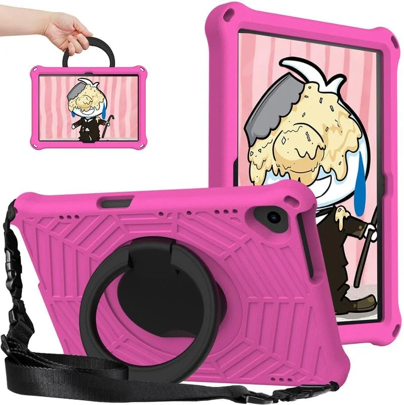 Nikaque For Lenovo Smart Tab P10 Kids Case 10.1-Inch, Spider Web Pattern EVA Foam, with Ring Handle Stand & Shoulder Strap Tablet Case For Lenovo Tab P10 TB-X705F, Rose