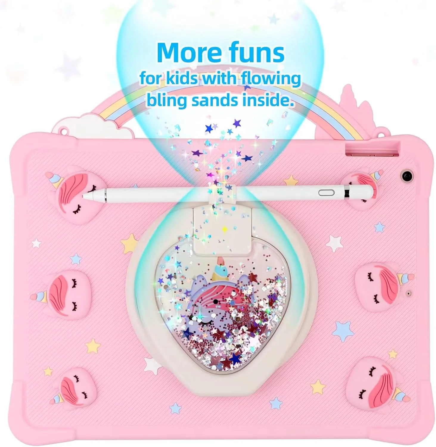 کاور تبلت یونیکورن دسته رنگین کمانی Cytec مناسب برای لنوو تب M10 پلاس 10.6 اینچ 2022 نسل 3، مدل پاپ ایت برای کودکان دخترانه، اکلیل شن روان، استند چرخان 360 درجه - صورتی