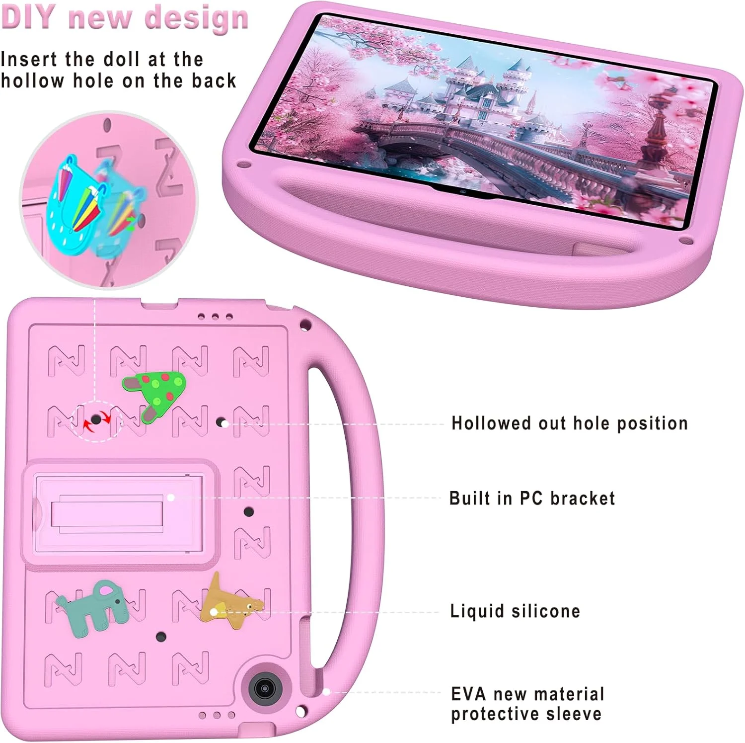 کیف محافظ تبلت لنوو تب 10.1 اینچی مدل 2025 TB-311FU، کاور محافظ کارتونی کودکانه با پایه دسته دار، سبک و ضد ضربه، مناسب برای لنوو تب 10.1 اینچی - صورتی