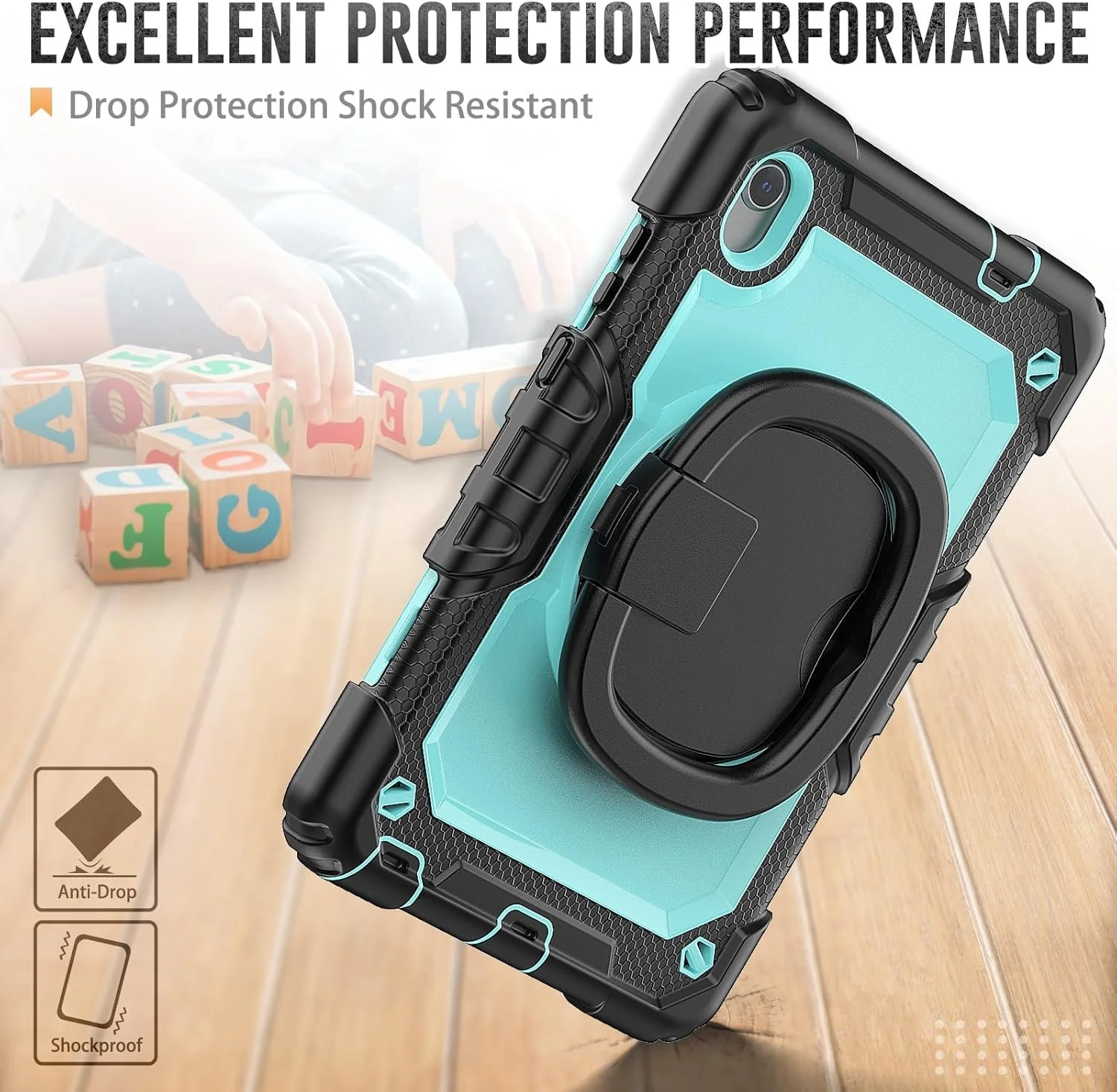 کیف محافظ تبلت مقاوم در برابر ضربه TPU سازگار با Lenovo Tab M8 TB-8505 /TB-8705 (8.0")، مناسب برای کودکان، دارای دسته چرخان 360 درجه، پایه نگهدارنده حرفه ای