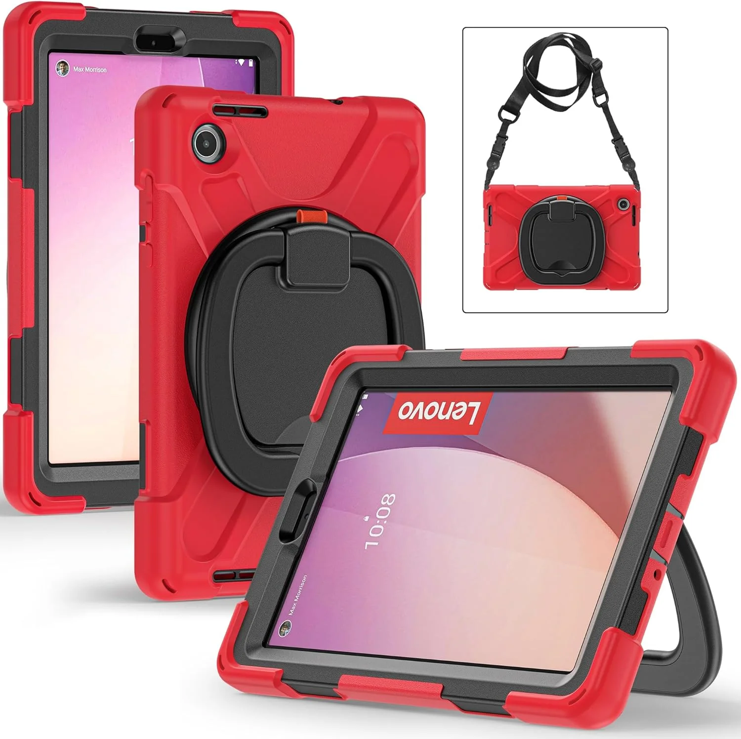 کیف تبلت مسافرتی کودکانه سازگار با Lenovo Tab M8 Gen4 2023 TB-300FU/M8 Gen4 2024 TB-301XU، کیف TPU مقاوم در برابر ضربه، دسته نگهدارنده چند منظوره چرخان 360 درجه + بند شانه