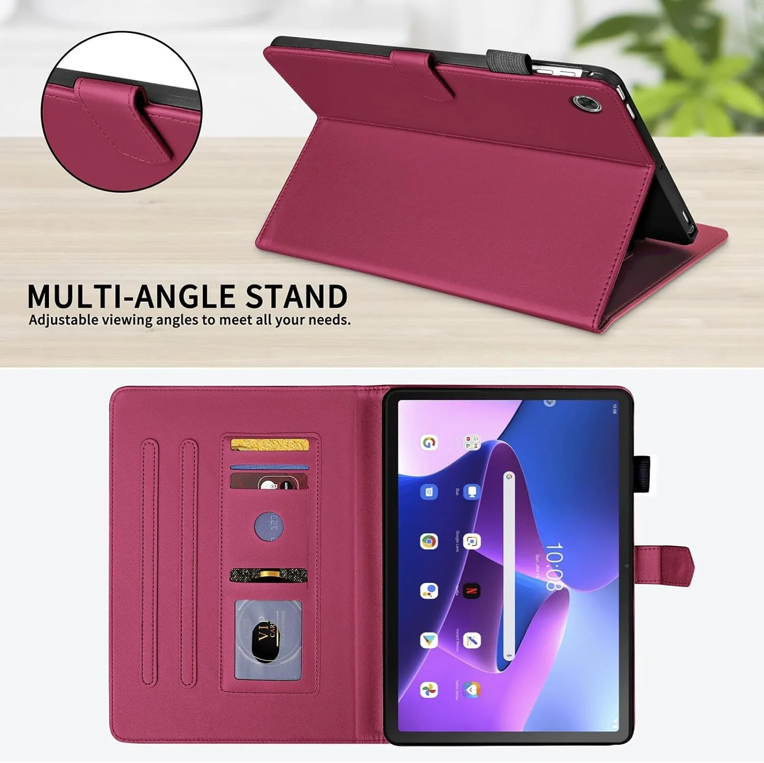 کیف چرمی تبلت Gruattreay سازگار با تبلت Lenovo Tab M10 Plus نسل 3 (TB-125F/128F) سایز 10.6 اینچ 2022، کیف استند PU و TPU با جای کارت، کیف باریک ضد ضربه (قرمز)