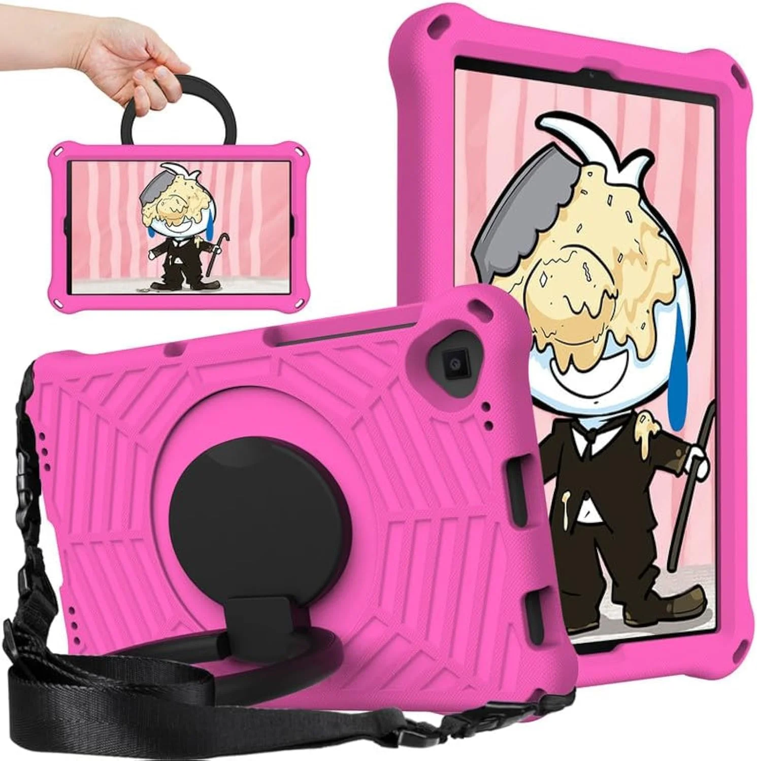 کیف محافظ کودکانه تبلت لنوو تب K10 (مدل 2021) سایز 10.3 اینچ نیکاکیو، فوم EVA با طرح تار عنکبوت، دارای استند حلقه ای و بند شانه ای، مناسب برای لنوو K10 TB-X6C6F TB-X6C6X TB-X6C6NBF، رنگ رز