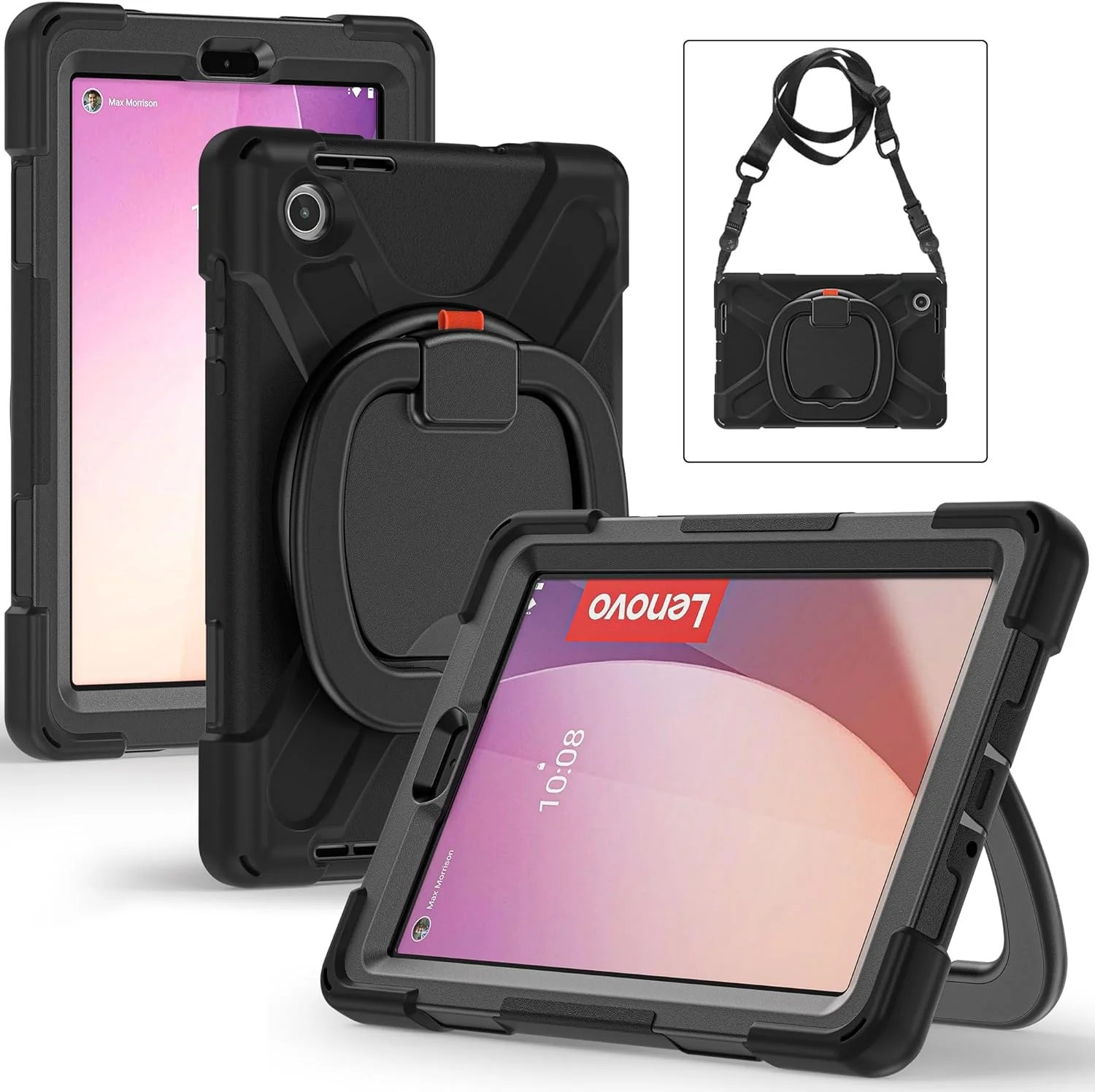 کاور تبلت کودکانه سازگار با تبلت Lenovo Tab M8 Gen4 2023 TB-300FU/M8 Gen4 2024 TB-301XU، قاب TPU مقاوم در برابر ضربه، پایه چرخشی 360 درجه چند منظوره + بند شانه ای، کاور مقاوم