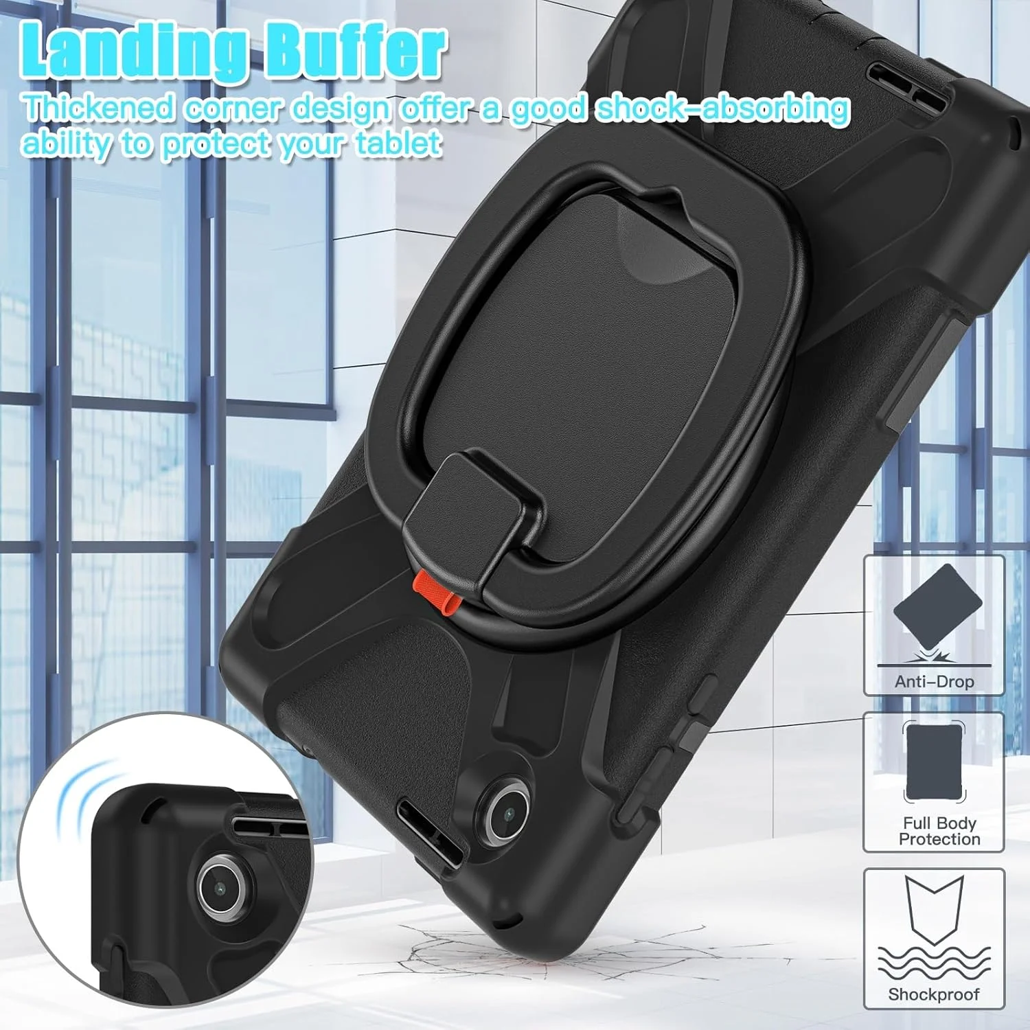 کاور تبلت کودکانه سازگار با تبلت Lenovo Tab M8 Gen4 2023 TB-300FU/M8 Gen4 2024 TB-301XU، قاب TPU مقاوم در برابر ضربه، پایه چرخشی 360 درجه چند منظوره + بند شانه ای، کاور مقاوم