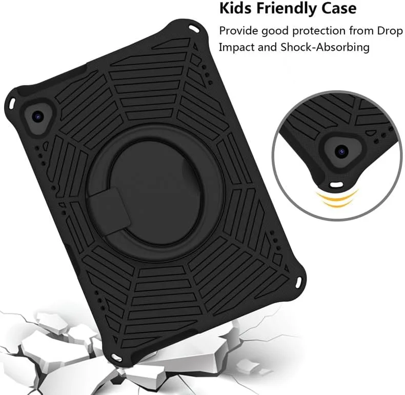 Nikaque For Lenovo Smart Tab P10 Kids Case 10.1-Inch, Spider Web Pattern EVA Foam, with Ring Handle Stand & Shoulder Strap Tablet Case For Lenovo Tab P10 TB-X705F, Black