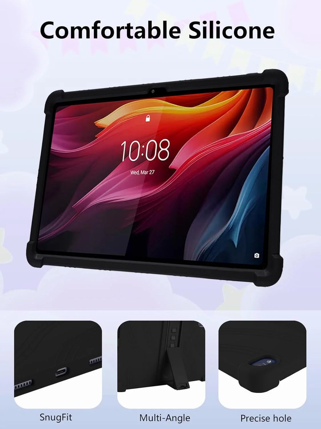 کاور سیلیکونی تبلت لنوو K11 Plus با اندازه 11.45 اینچ مدل TB352FU، پوشش کامل، ضد ضربه، ضد خش، دارای استند قابل تنظیم و محافظت از دوربین، مشکی