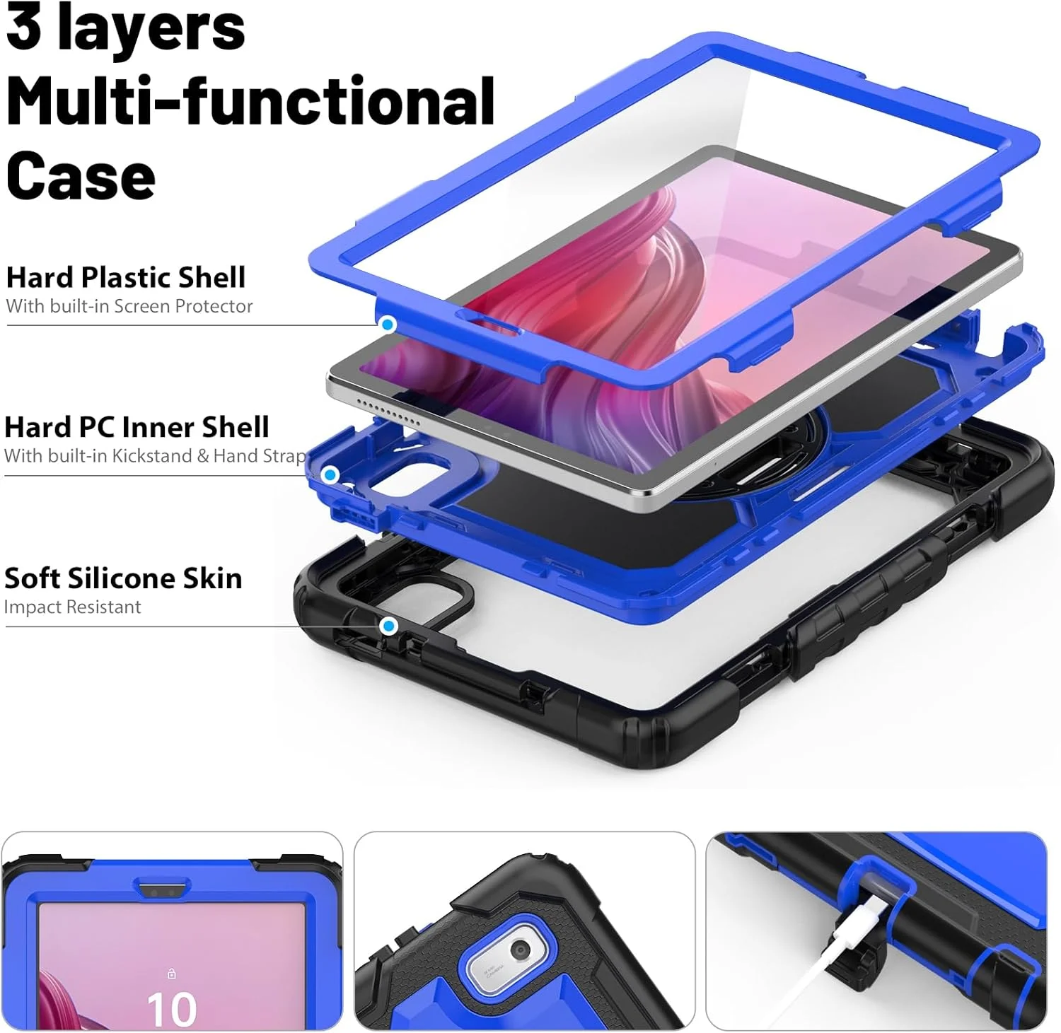 کیف تبلت SEYMCY برای لنوو تب M9 سایز 9 اینچ 2023، مدل TB-310FU، کیف تبلت لنوو M9 به همراه محافظ صفحه نمایش، استند چرخان 360 درجه/بند دستی، بند شانه، کیف ضد ضربه لنوو تب M9 2023، مدل TB-310FU، آبی