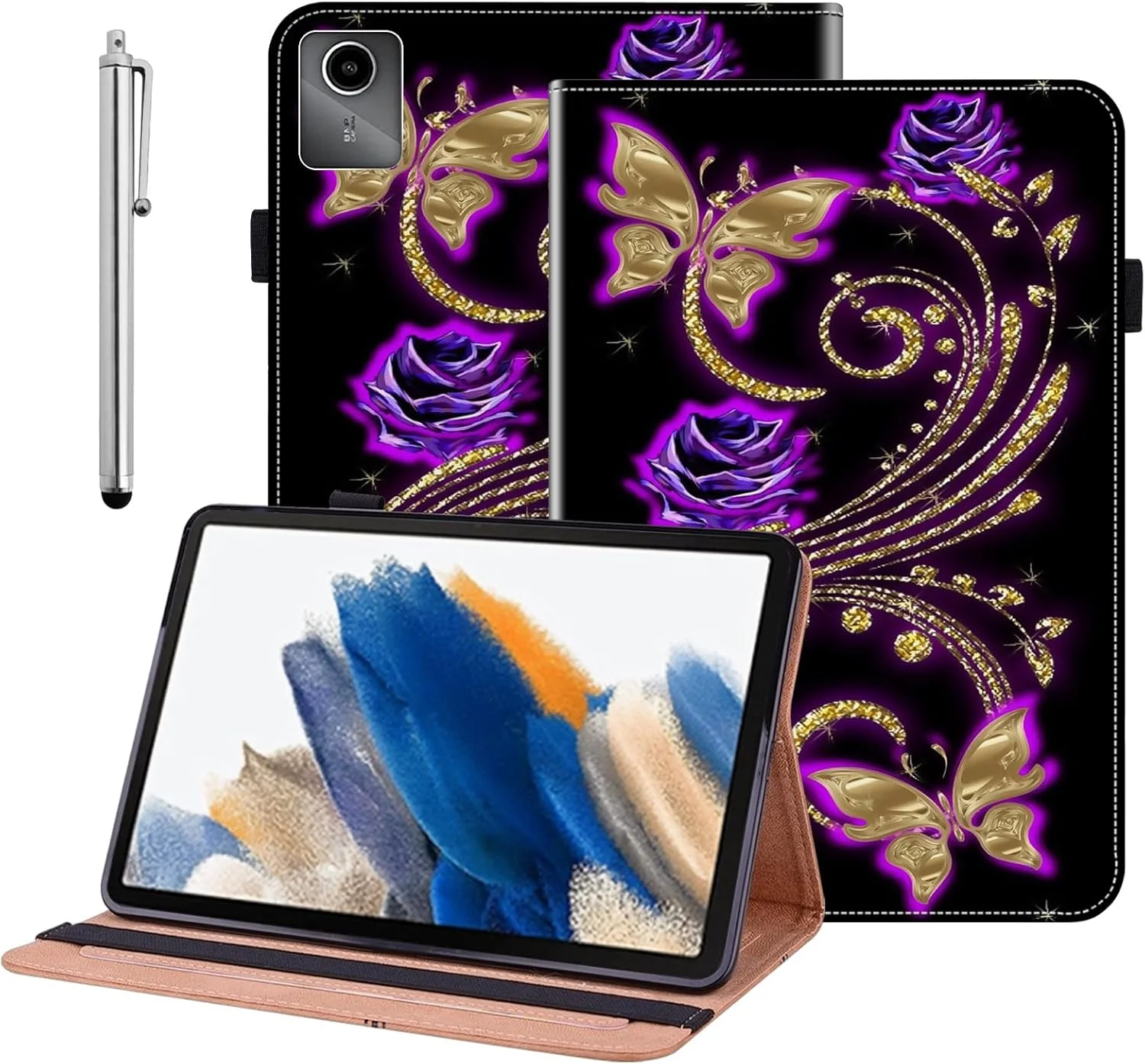 کیف تبلت BOLELAW مناسب برای لنوو تب M11 11 اینچ 2024، کیف چرمی PU با جای قلم، جای کارت، عملکرد استند، کیف تاشو برای کیف تبلت لنوو تب M11، گل بنفش و Kingdee
