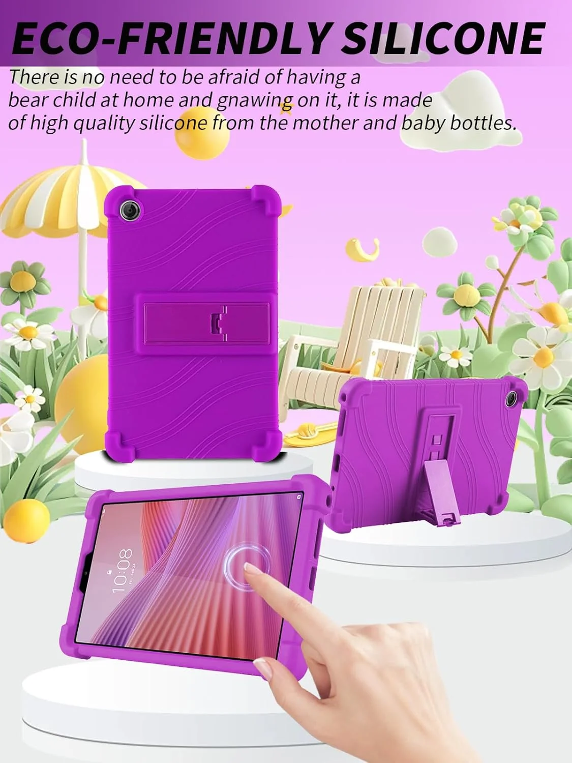 کیف تبلت لنوو تب وان 8.7 اینچ 2025 جدیدترین مدل، کیف سیلیکونی نرم کودکانه yystao سازگار با لنوو تب K9، پایه قابل تنظیم (بنفش)