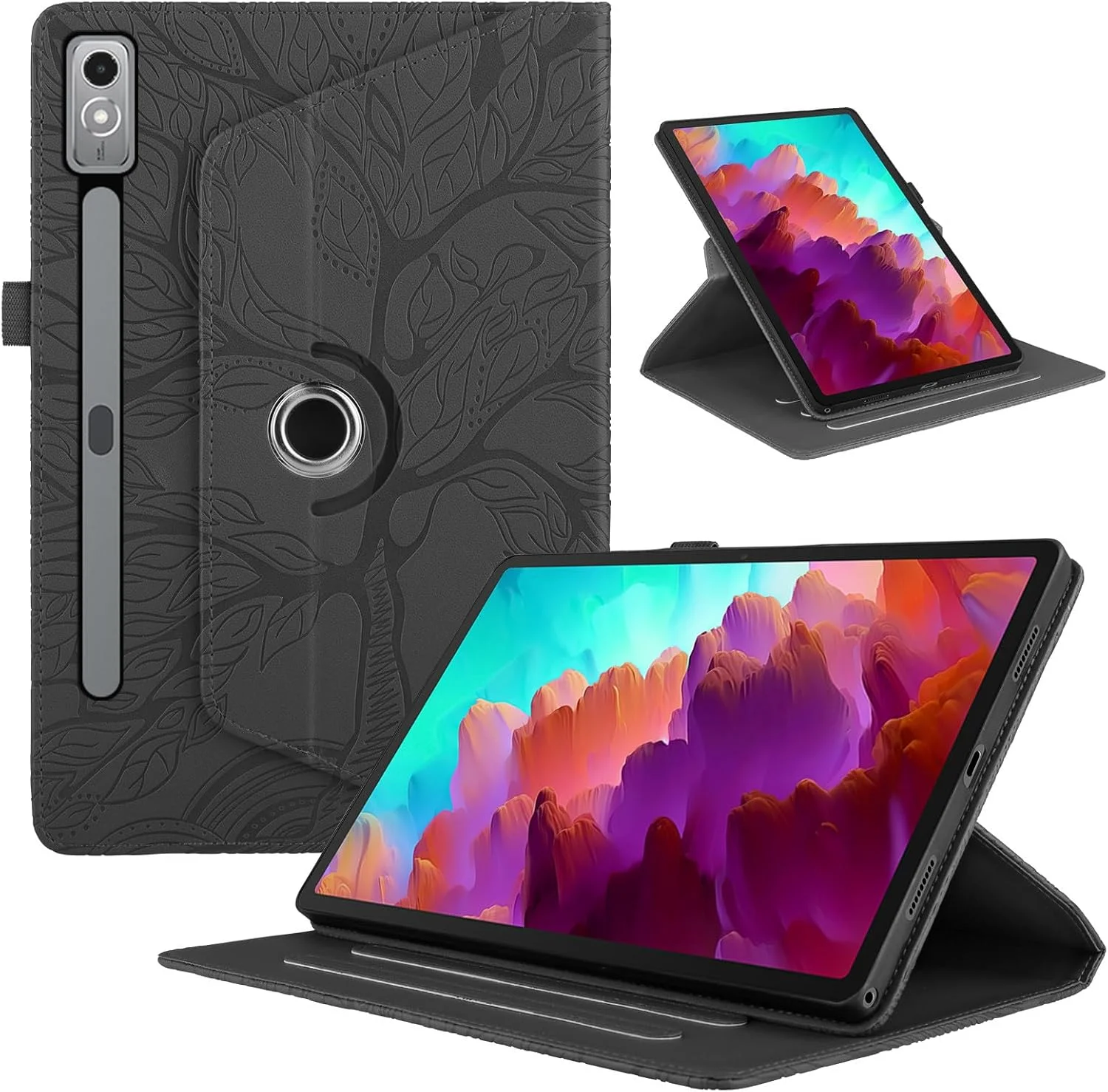 کیف تبلت چرخان 360 درجه SLLMYYX سازگار با تبلت Lenovo Tab P12 12.7 اینچ 2023 (TB370FU)، کاور استند باریک طرح درخت زندگی (مشکی)