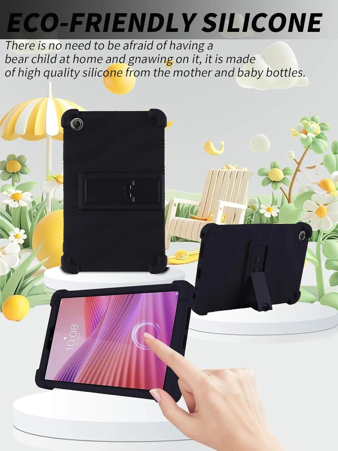 کاور تبلت لنوو تب وان 8.7 اینچ 2025 جدیدترین مدل، کاور تبلت سیلیکونی نرم کودکان yystao سازگار با لنوو تب K9، پایه قابل تنظیم (مشکی)