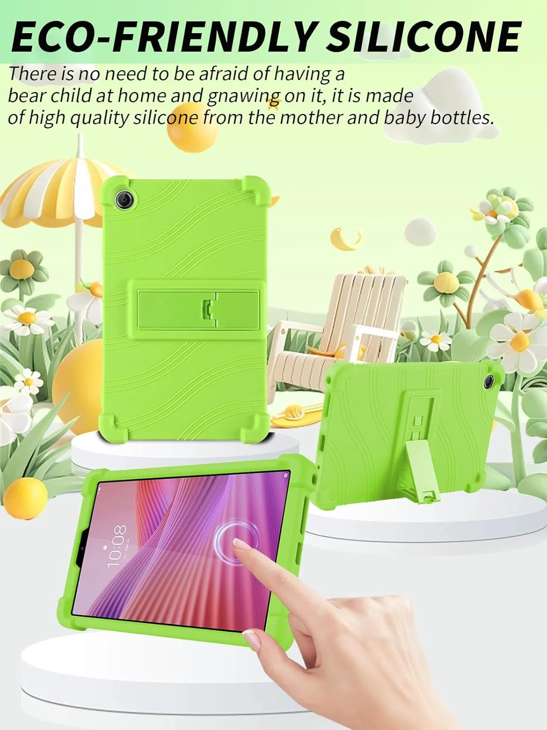 کاور تبلت لنوو تب وان 8.7 اینچ 2025 جدیدترین مدل، کاور سیلیکونی نرم بچه گانه yystao سازگار با لنوو تب K9، دارای پایه قابل تنظیم (سبز)
