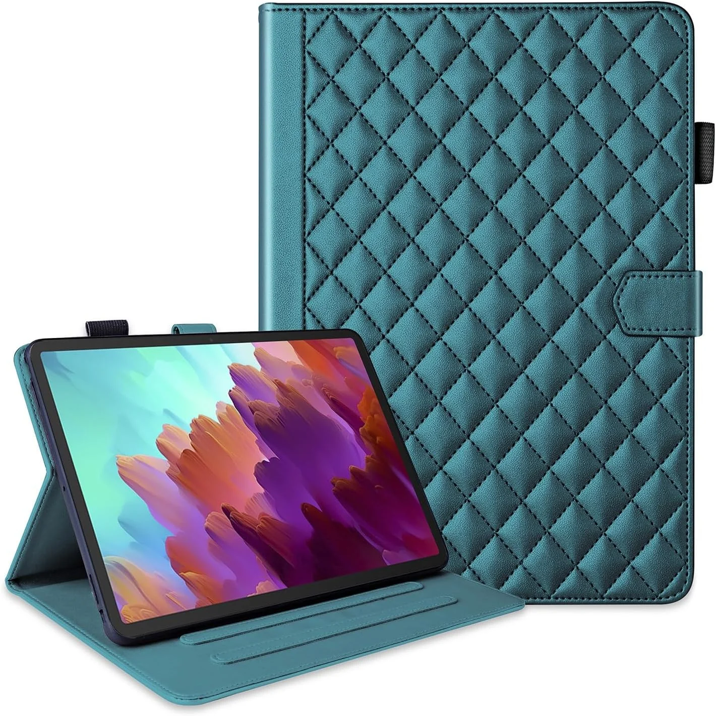 کیف چرمی تبلت Gruattreay سازگار با تبلت Lenovo Tab P12 12.7 اینچ 2023 (TB-370FU/TB-371FC)، کیف استند PU و TPU با جای کارت، کیف باریک ضد ضربه (سبزآبی)