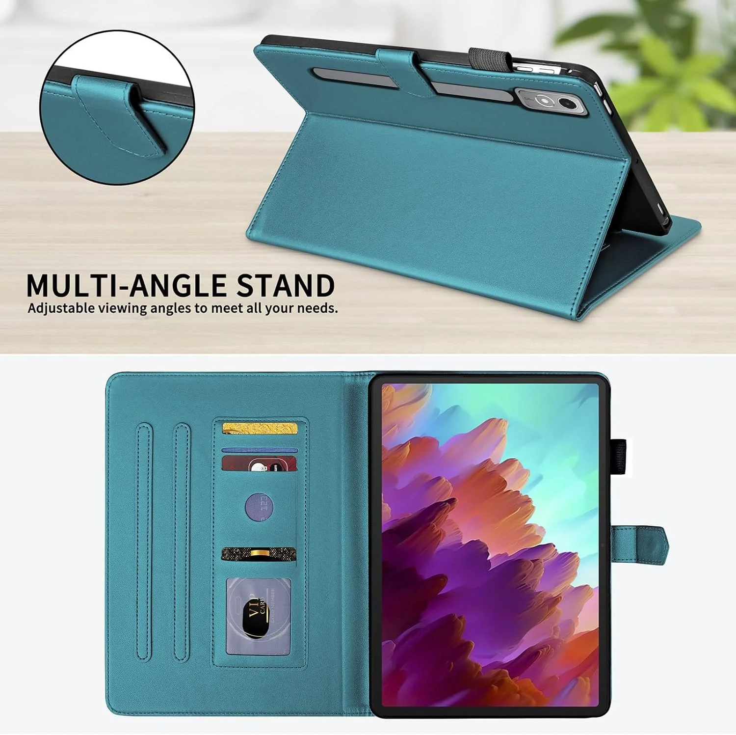 کیف چرمی تبلت Gruattreay سازگار با تبلت Lenovo Tab P12 12.7 اینچ 2023 (TB-370FU/TB-371FC)، کیف استند PU و TPU با جای کارت، کیف باریک ضد ضربه (سبزآبی)