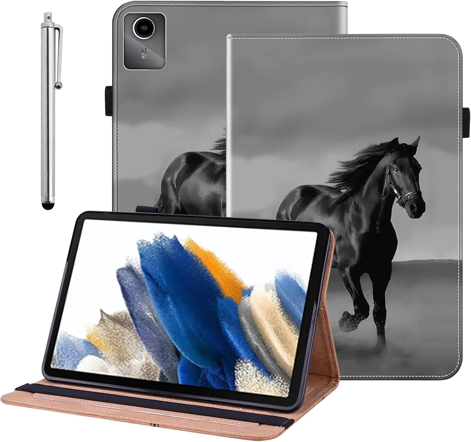 BOLELAW Case for Lenovo Tab M11 (TB330FU/TB330XU) 11 Inch 2024 Case with Pen Holder, PU Leather Case, Stylish Protective Case for Lenovo Tab M11 Tablet Case, Black Horse
