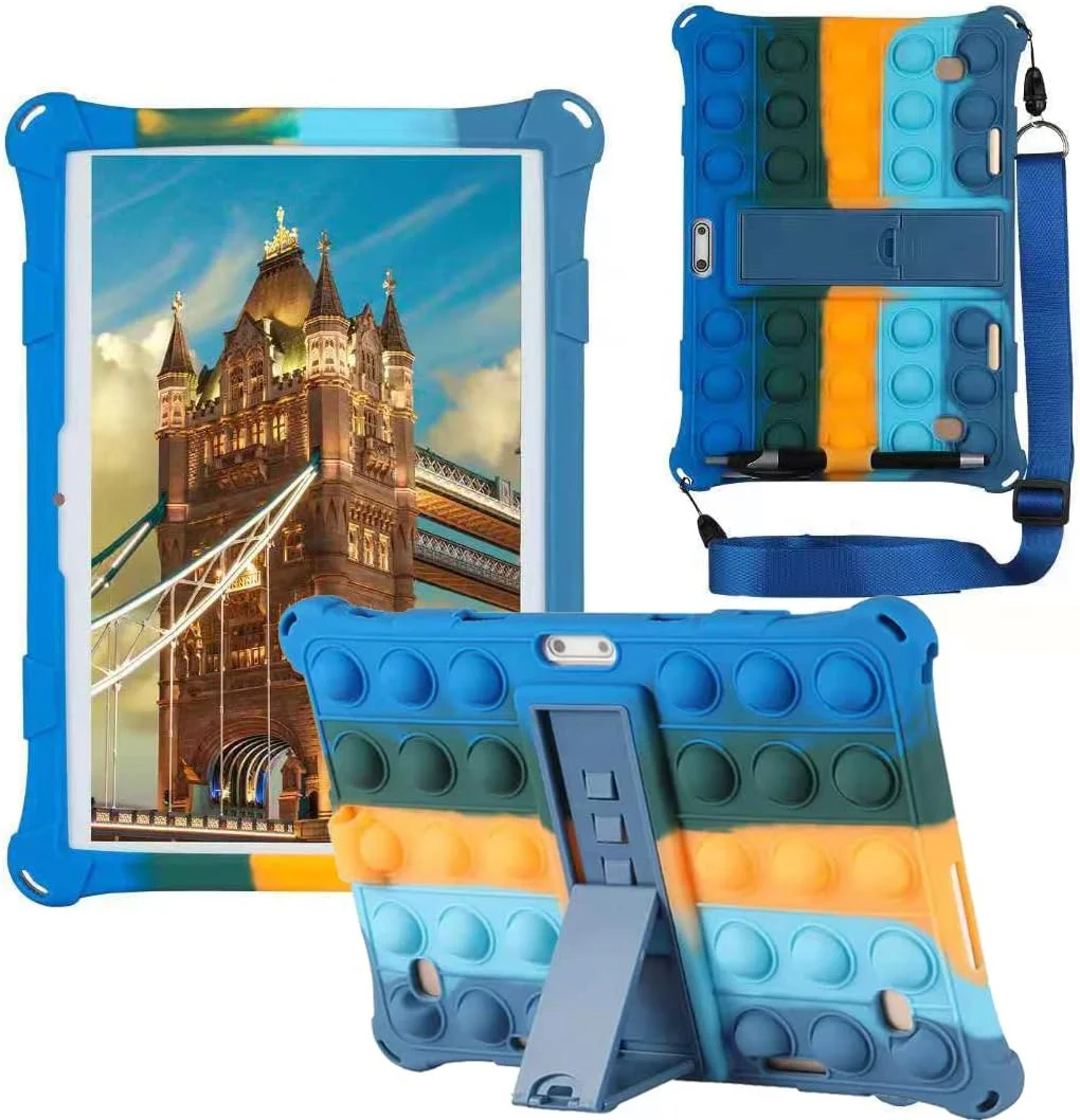 کیف تبلت ALHBEJT برای تبلت های 10.1 اینچی لنوو/هوآوی، کاور سیلیکونی نرم ضد استرس با پایه، بند گردنی و قلم، مناسب برای کاهش اضطراب (آبی رنگارنگ)