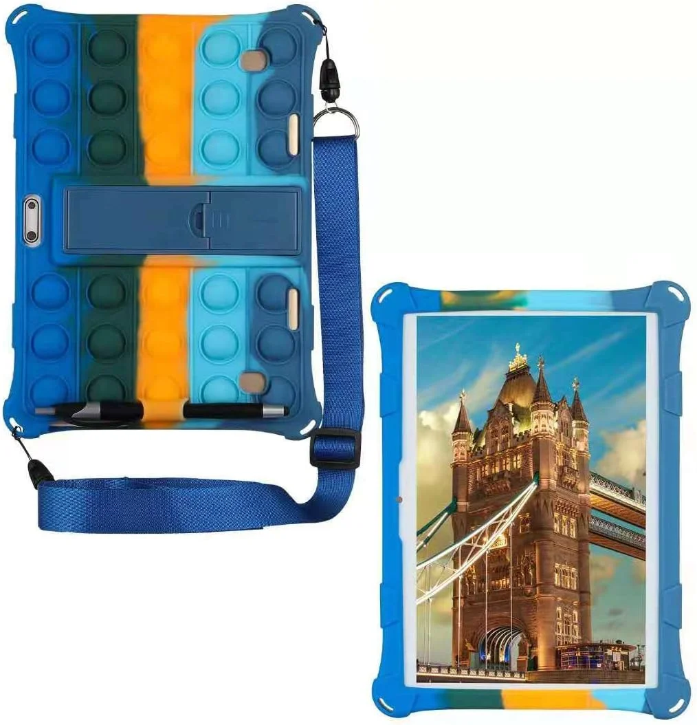 کیف تبلت ALHBEJT برای تبلت های 10.1 اینچی لنوو/هوآوی، کاور سیلیکونی نرم ضد استرس با پایه، بند گردنی و قلم، مناسب برای کاهش اضطراب (آبی رنگارنگ)