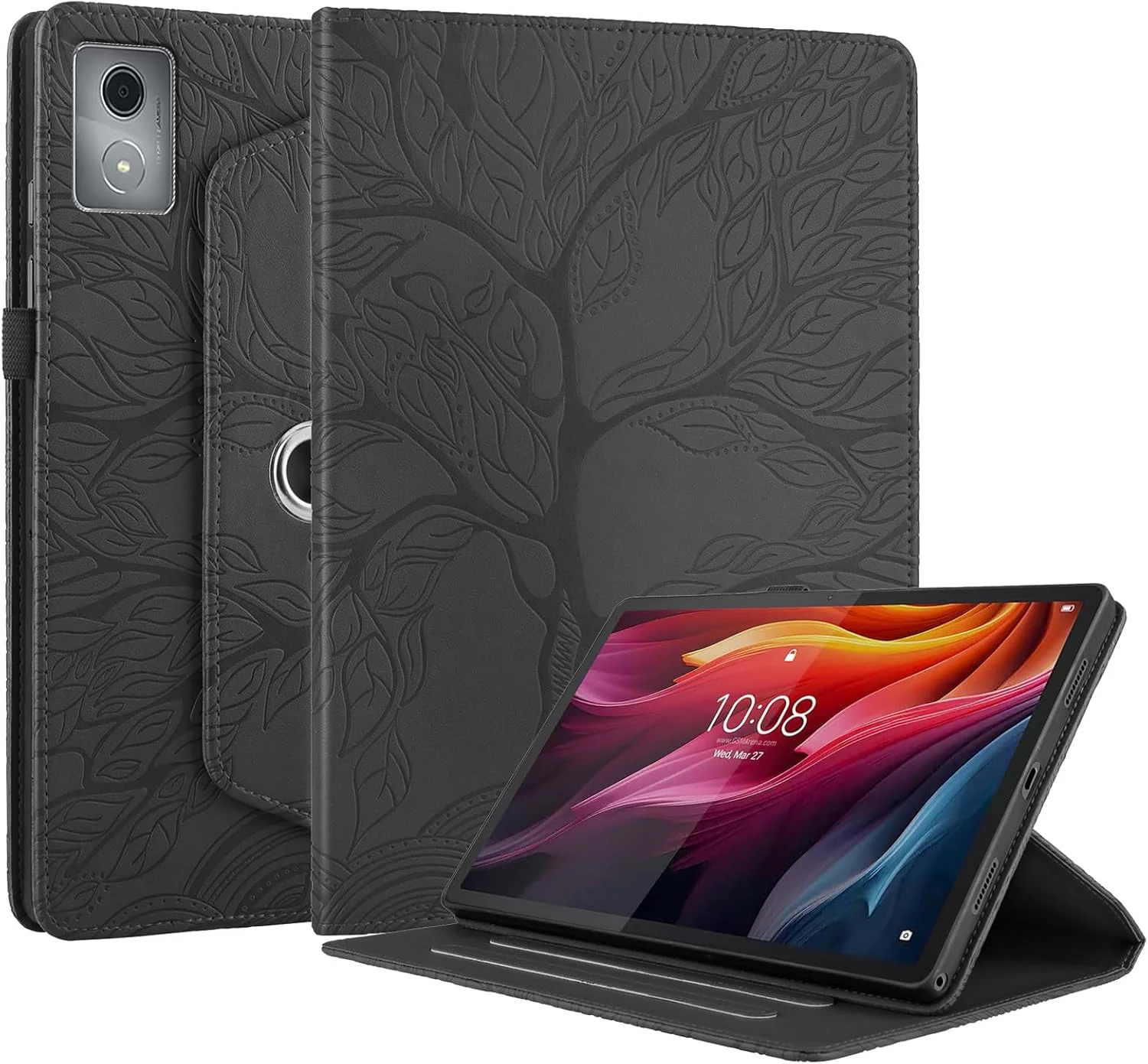 کیف تبلت چرخشی 360 درجه SLLMYYX سازگار با تبلت Lenovo Tab K11 Plus 11.45 اینچ 2024 (TB-352FU)، کاور استند باریک طرح درخت زندگی (مشکی)