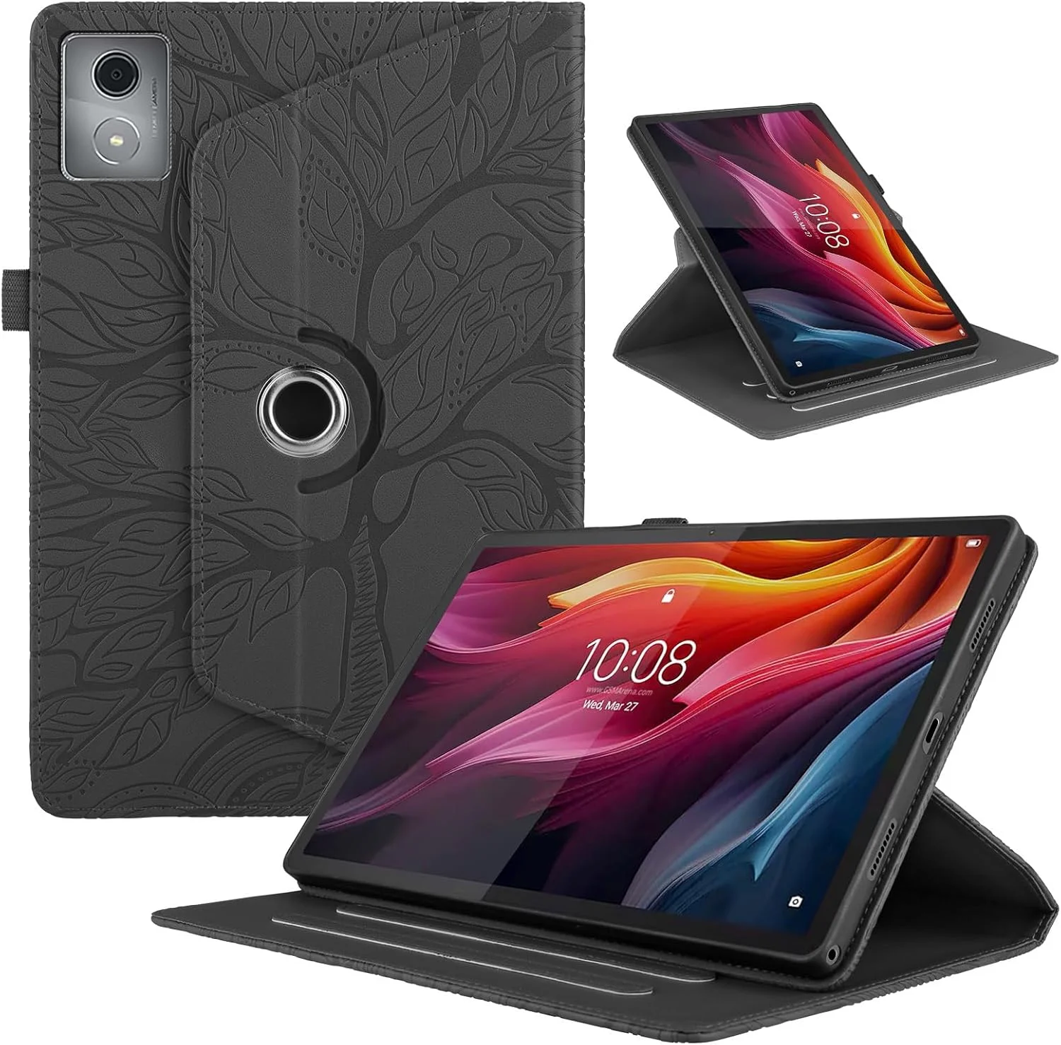 کیف تبلت چرخشی 360 درجه SLLMYYX سازگار با تبلت Lenovo Tab K11 Plus 11.45 اینچ 2024 (TB-352FU)، کاور استند باریک طرح درخت زندگی (مشکی)