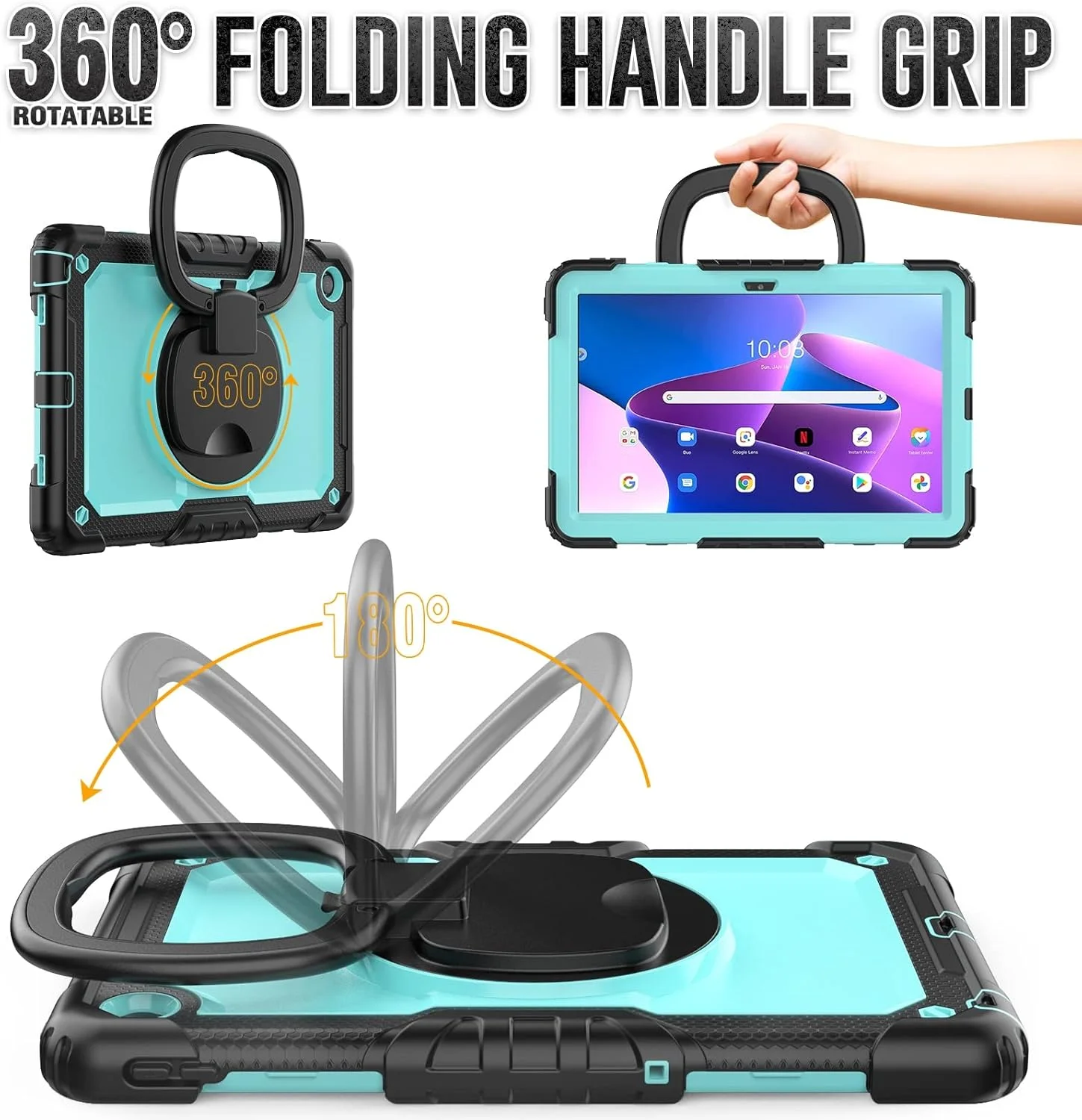 کیف محافظ تبلت ضد ضربه TPU سازگار با تبلت Lenovo Tab M10 Plus 10.6" 2022 TB-125F/128F، مناسب برای کودکان، دارای پایه چرخشی 360 درجه