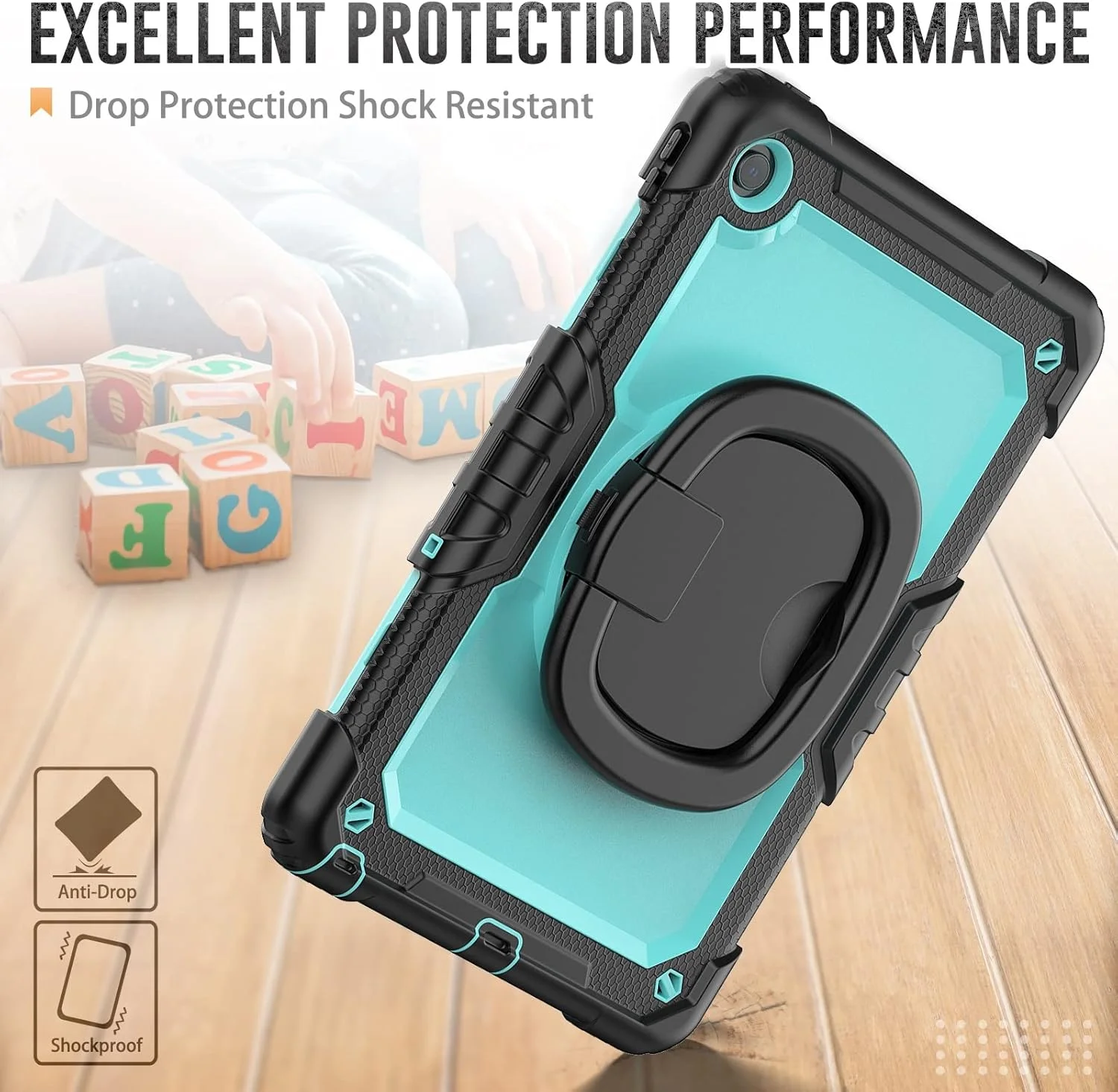 کیف محافظ تبلت ضد ضربه TPU سازگار با تبلت Lenovo Tab M10 Plus 10.6" 2022 TB-125F/128F، مناسب برای کودکان، دارای پایه چرخشی 360 درجه