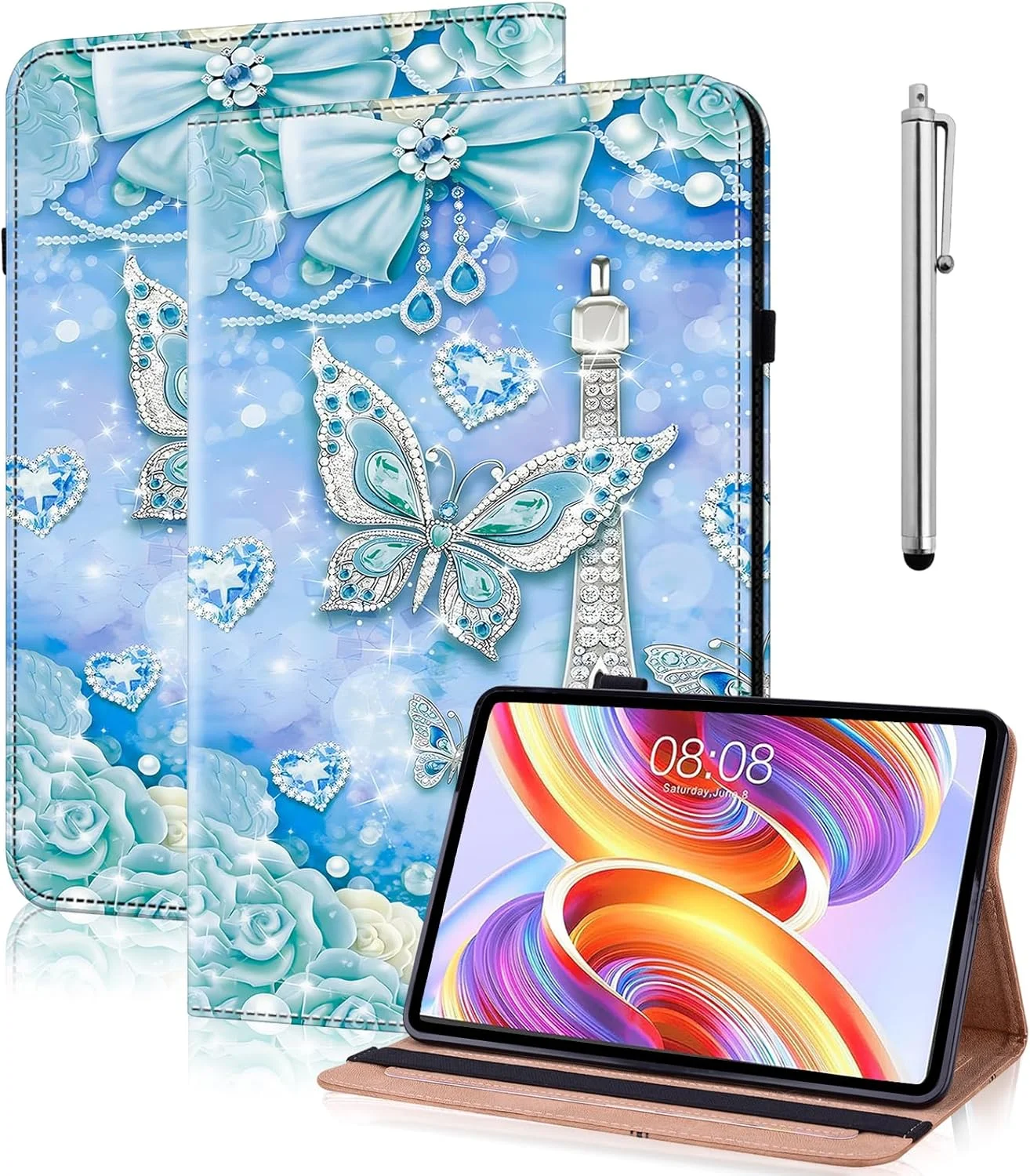 کیف محافظ تبلت YiChZhe برای لنوو تب M10 (نسل 3) 10.1 TB328 مدل 2022، کیف محافظ چرمی PU با قابلیت استند و جای کارت، کیف تبلت باریک سازگار با لنوو تب M10 نسل 3 طرح برج پروانه