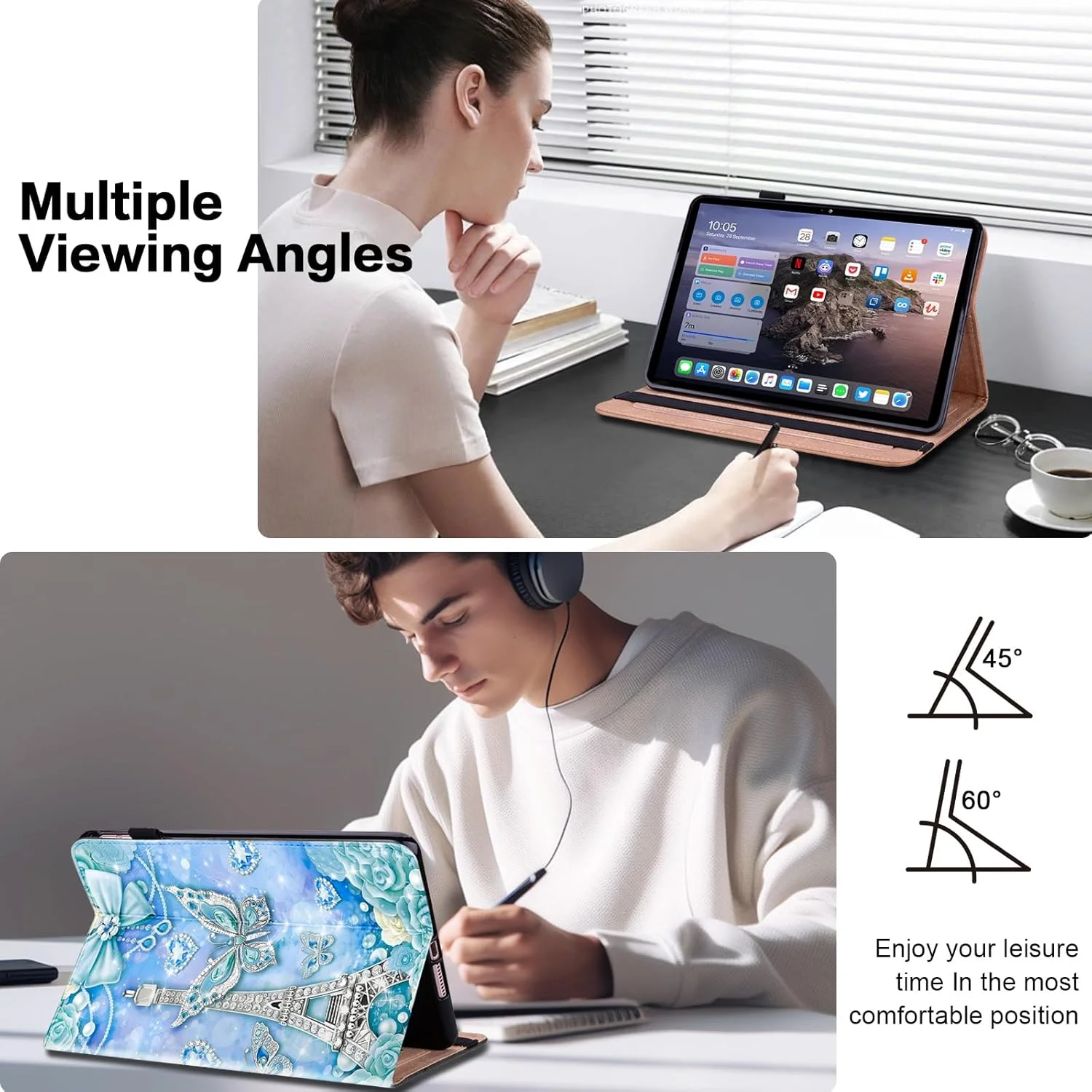 کیف محافظ تبلت YiChZhe برای لنوو تب M10 (نسل 3) 10.1 TB328 مدل 2022، کیف محافظ چرمی PU با قابلیت استند و جای کارت، کیف تبلت باریک سازگار با لنوو تب M10 نسل 3 طرح برج پروانه
