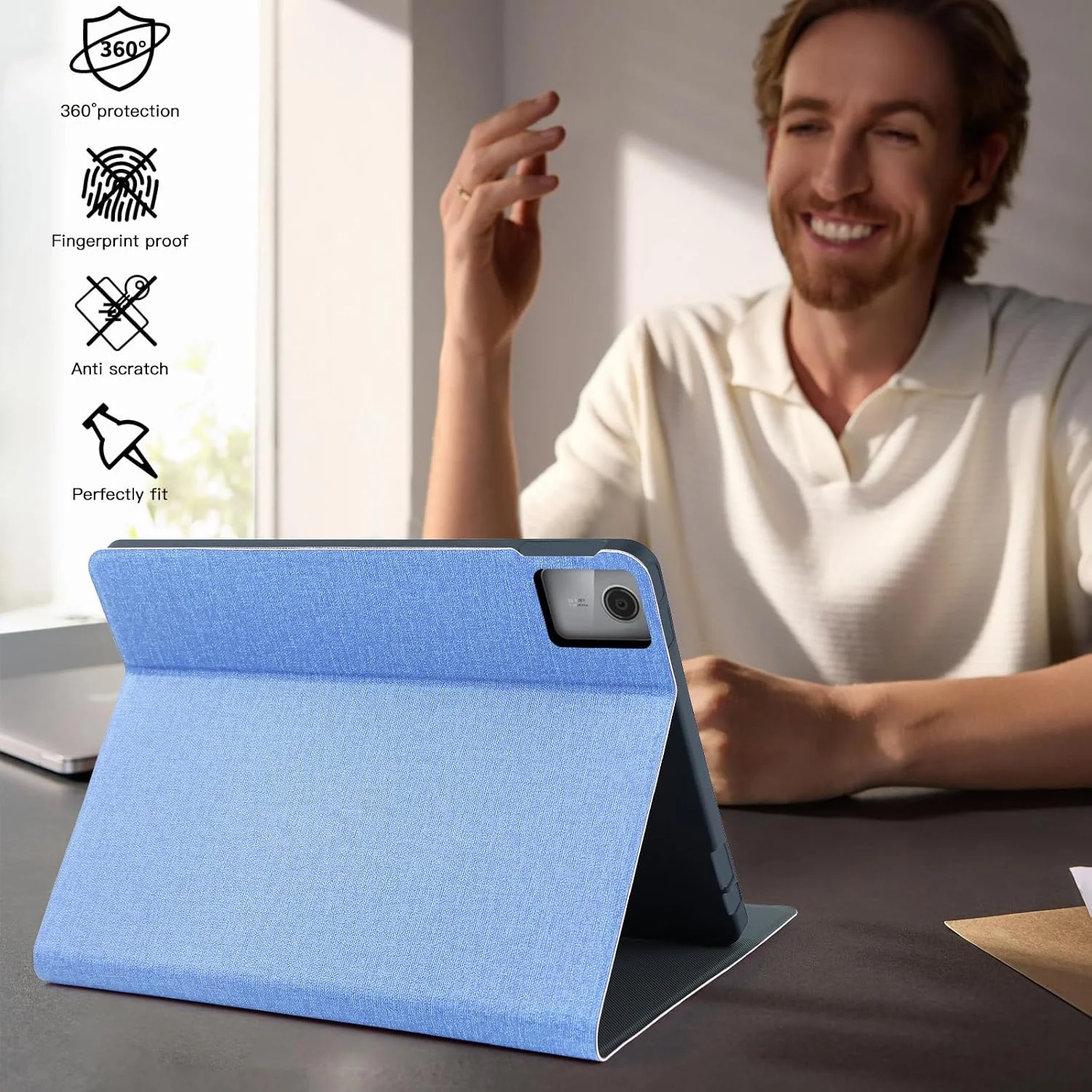 کیف تبلت LSPCASA مناسب برای لنوو تب M11 (11.0 اینچ)، جلد محافظ چرمی PU فوق العاده نازک با قابلیت خواب/بیدار شدن خودکار، جای قلم، استند چند زاویه ای نامرئی، آبی آسمانی