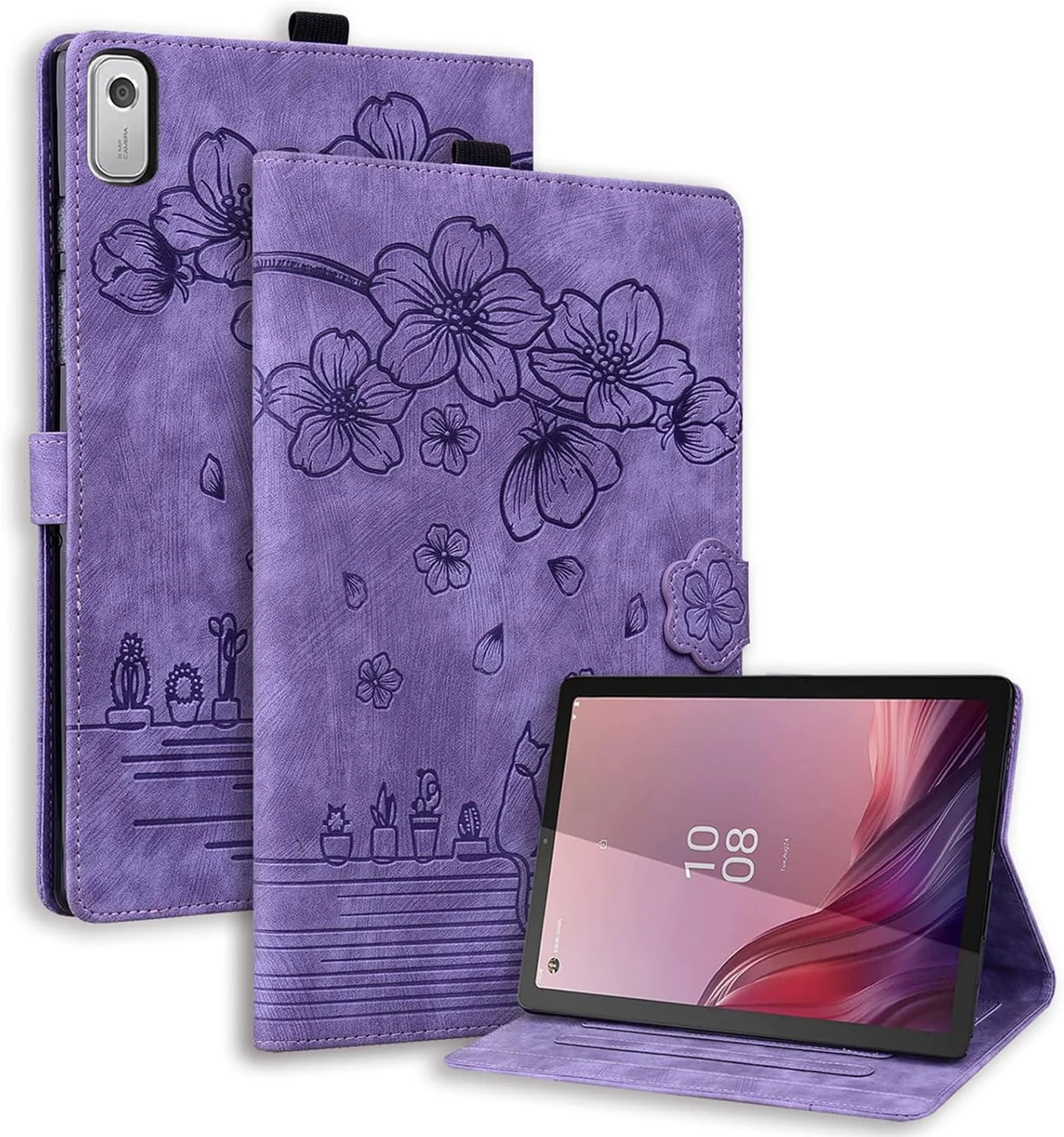 کیف تبلت SLLMYYX سازگار با لنوو تب M9 9.0 اینچ 2023 TB310FU، طرح گربه شکوفه گیلاس، جلد هوشمند چرمی PU با قابلیت استند (بنفش)