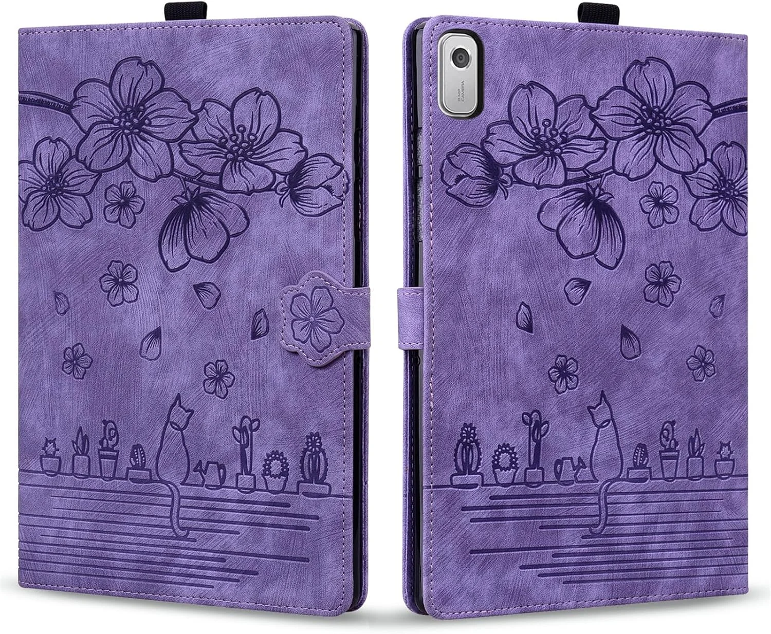 کیف تبلت SLLMYYX سازگار با لنوو تب M9 9.0 اینچ 2023 TB310FU، طرح گربه شکوفه گیلاس، جلد هوشمند چرمی PU با قابلیت استند (بنفش)