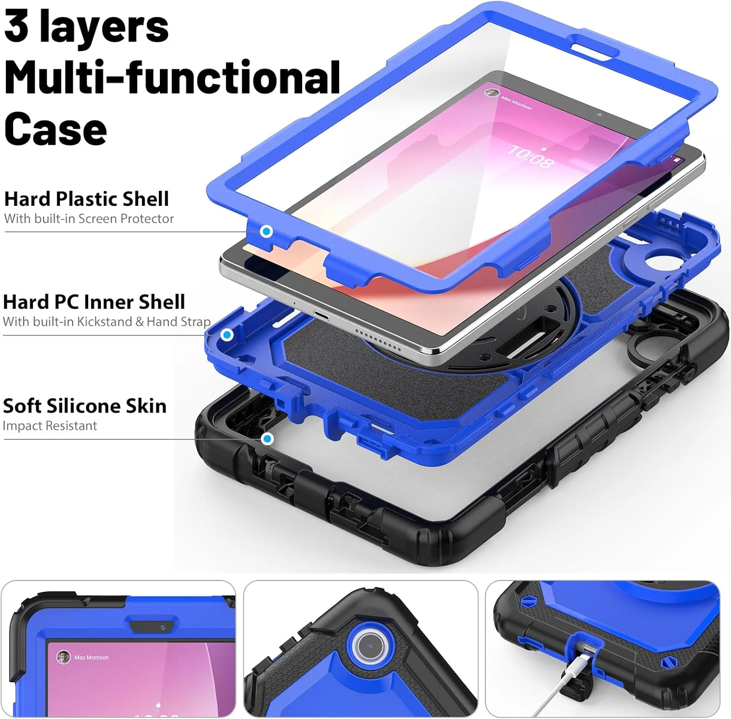 کیف محافظ تبلت SEYMCY مناسب برای لنوو تب M8 نسل 4، مدل TB-300FU، کیف تبلت لنوو M8 نسل 4 سایز 8 اینچ به همراه محافظ صفحه نمایش، دارای استند چرخان 360 درجه/بند دستی، بند حمل و ضربه گیر، آبی